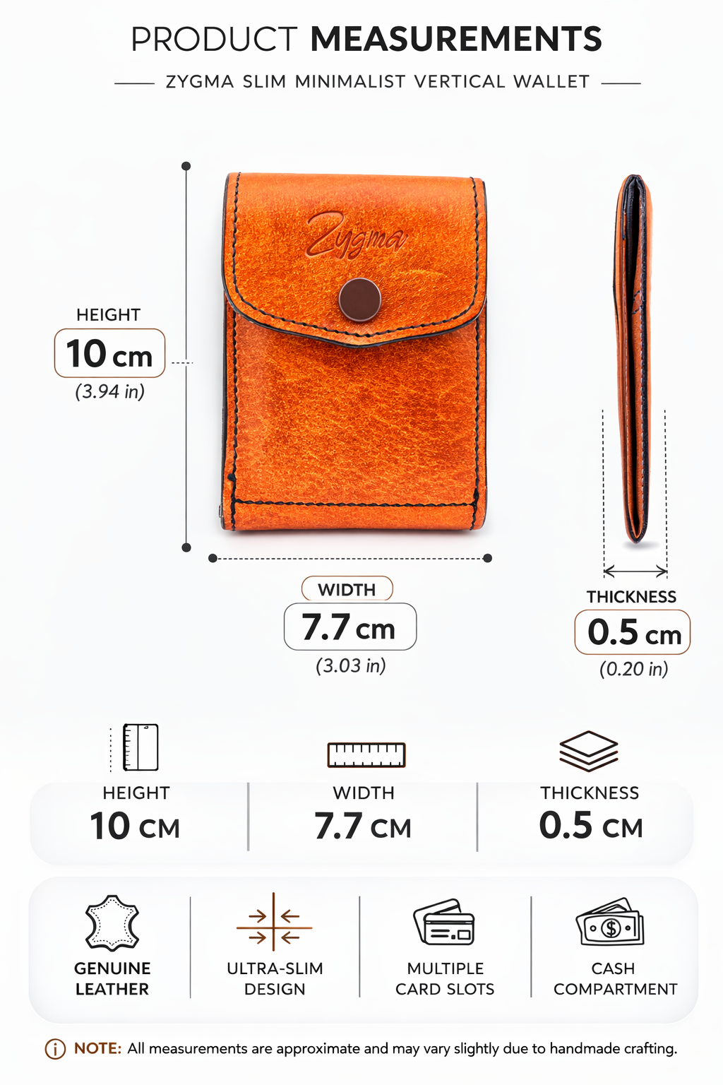 Zygma Slim Minimalist Vertical Leather Wallet for Men & Women – Compact Card Holder with Snap Button (10cm x 7.7cm x 0.5cm)