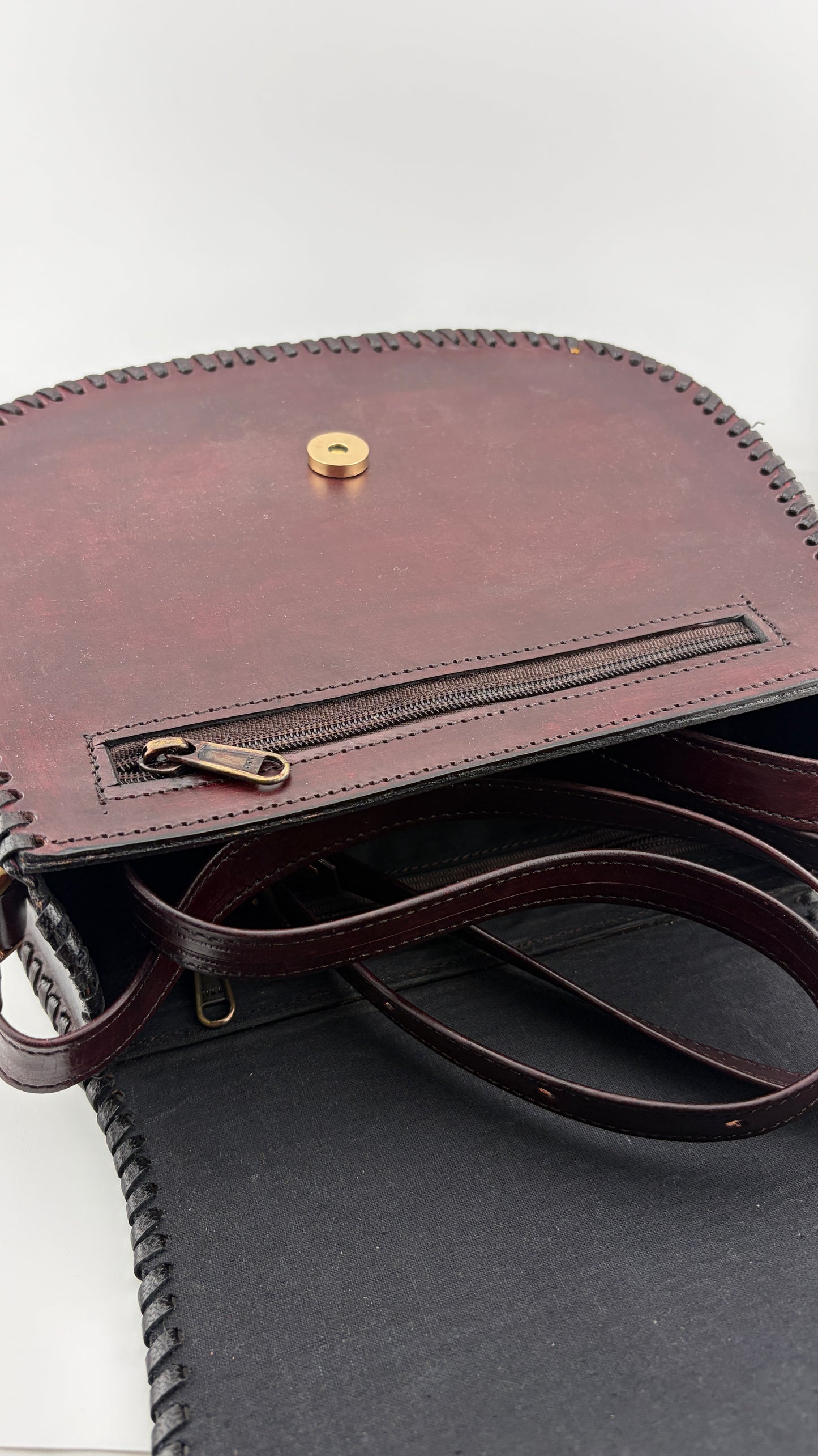 ZYGMA Handmade Genuine Leather Round Saddle Crossbody Bag | deep brown | Diamond Clover Embossed Flap | Whipstitch Edge | Top Handle + Crossbody Strap