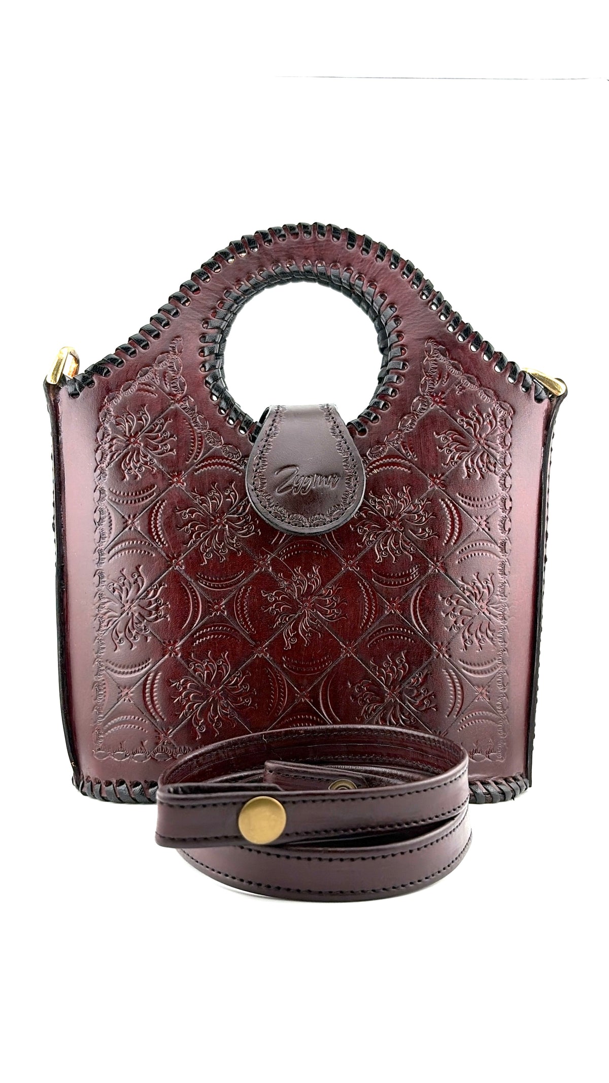 Genuine Leather Handbag for Women | Hand-Embossed Oxblood Bag | Zygma | tusha design | deep brown