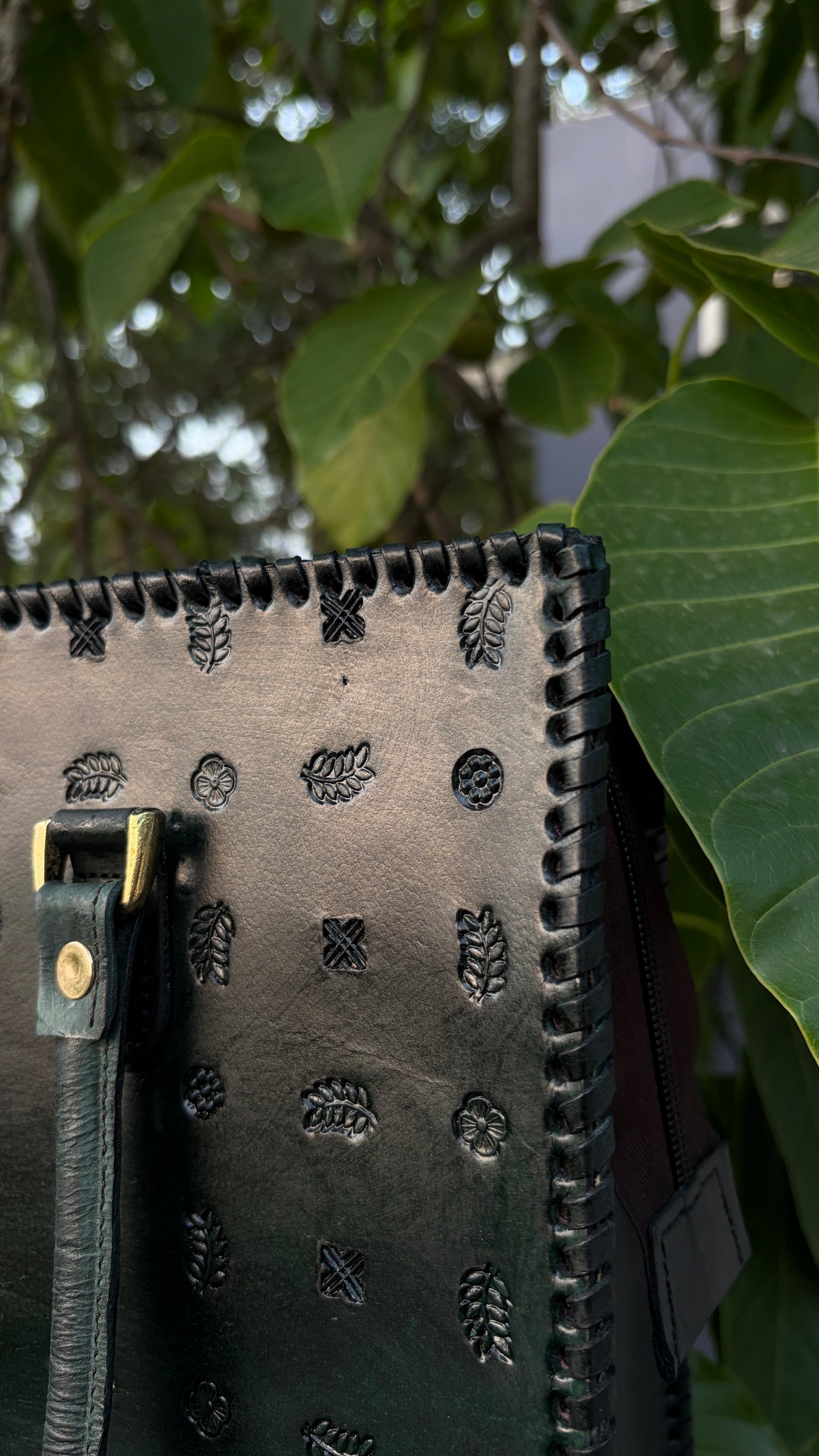 ZYGMA 14-Inch Handmade Genuine Leather Laptop Bag for Women | Dark Green | Botanical Motif Hand-Stamped Design | Office Tote with Whipstitch Edge