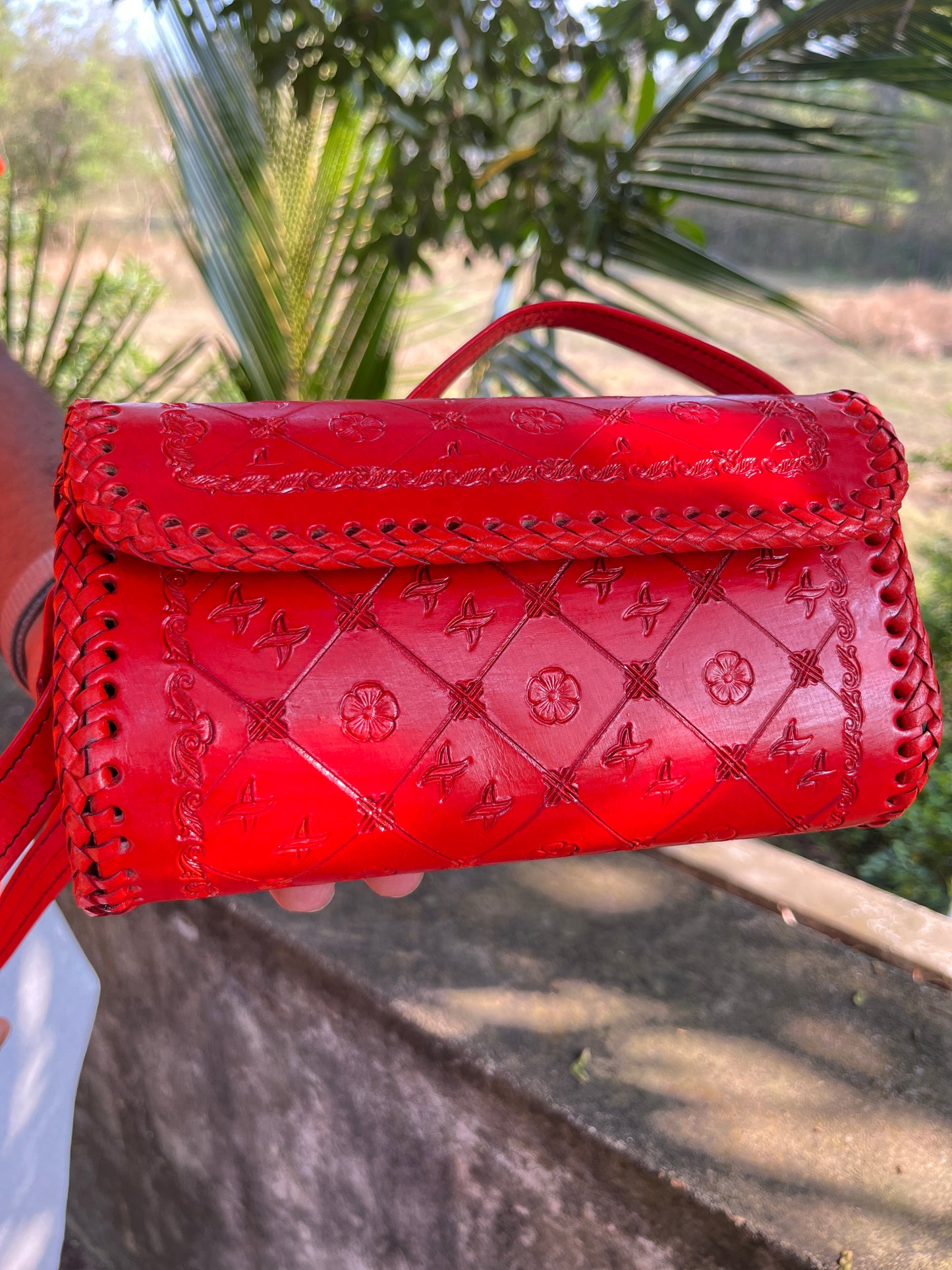 Zygma Hand-Embossed Genuine Red Leather Clutch – Artisan Hand-Stitched Evening Bag
