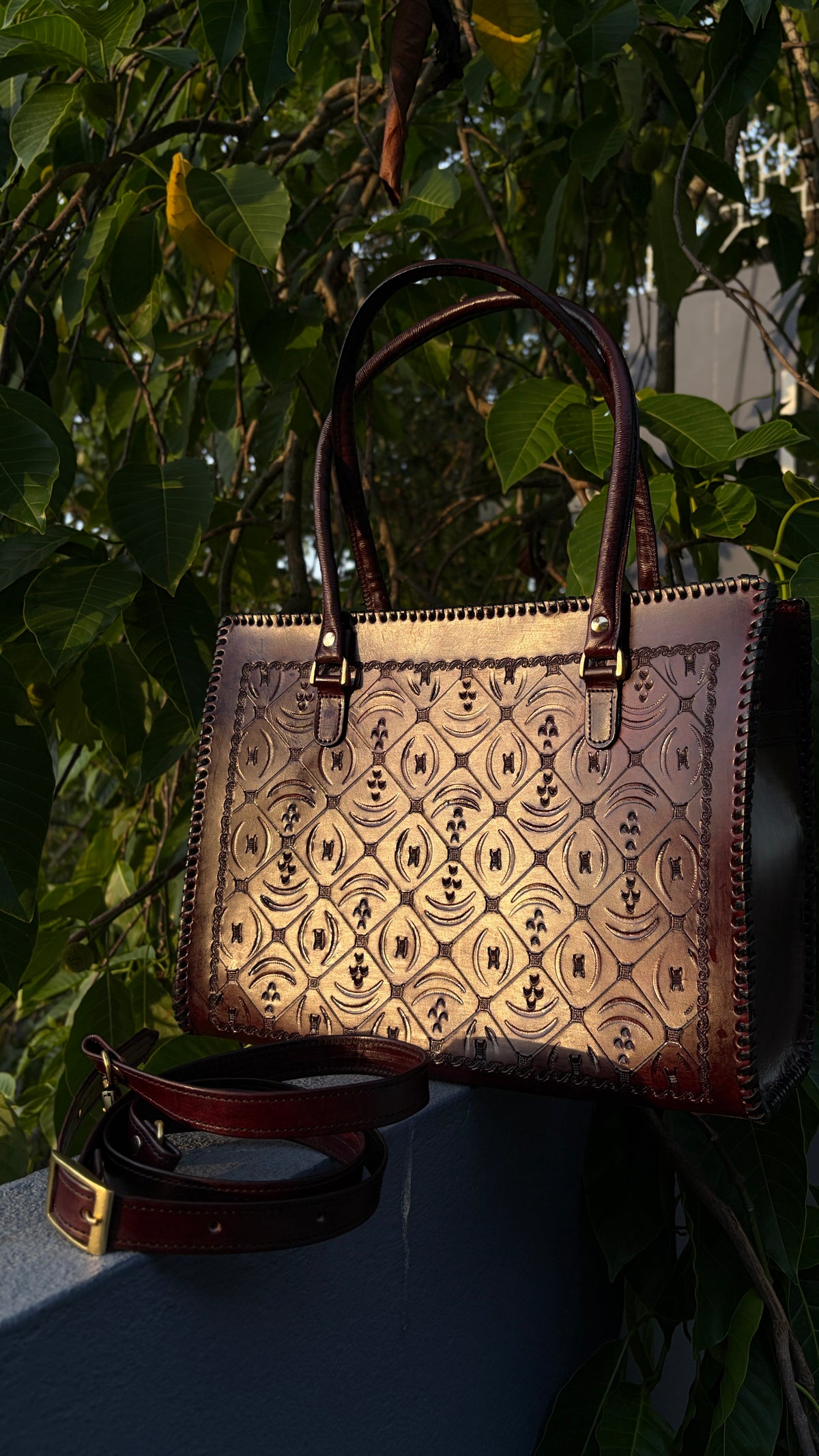ZYGMA 14-Inch Handmade Genuine Leather Laptop Tote Bag | Deep Golden Ombre to Burgundy | Drops Design