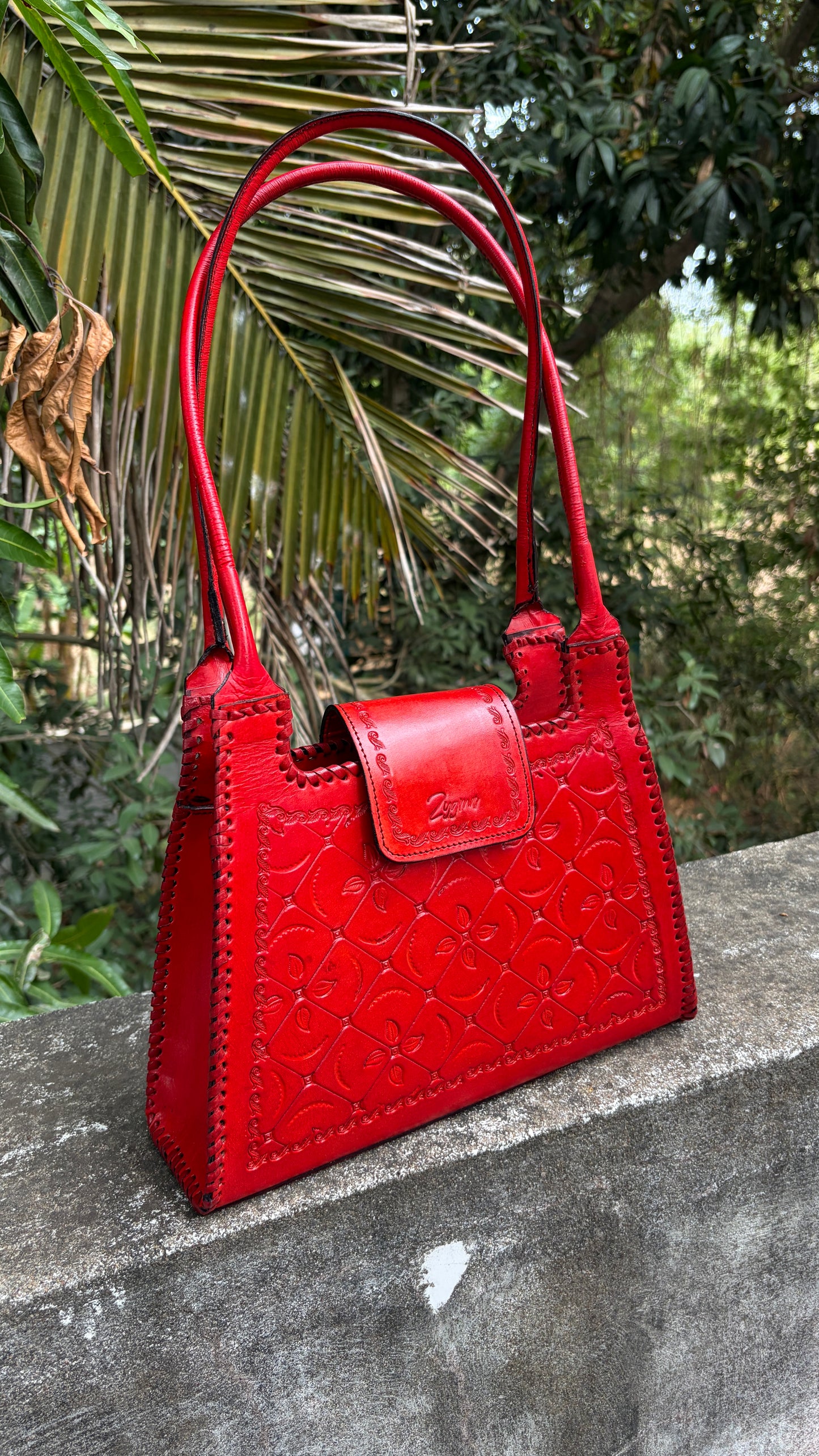 Zygma Handmade Genuine Leather Handbag for Women | Hand-Stamped Floral Diamond Tote | Black Whipstitch Edges | Burgundy Wine | Medium Structured Shoulder Bag | Zygma Embossed Flap | Artisan Ethnic Purse