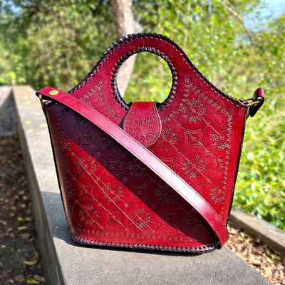 Zygma Handmade Genuine Leather Tote Sling Bag for Women – Deep Red Embossed Design