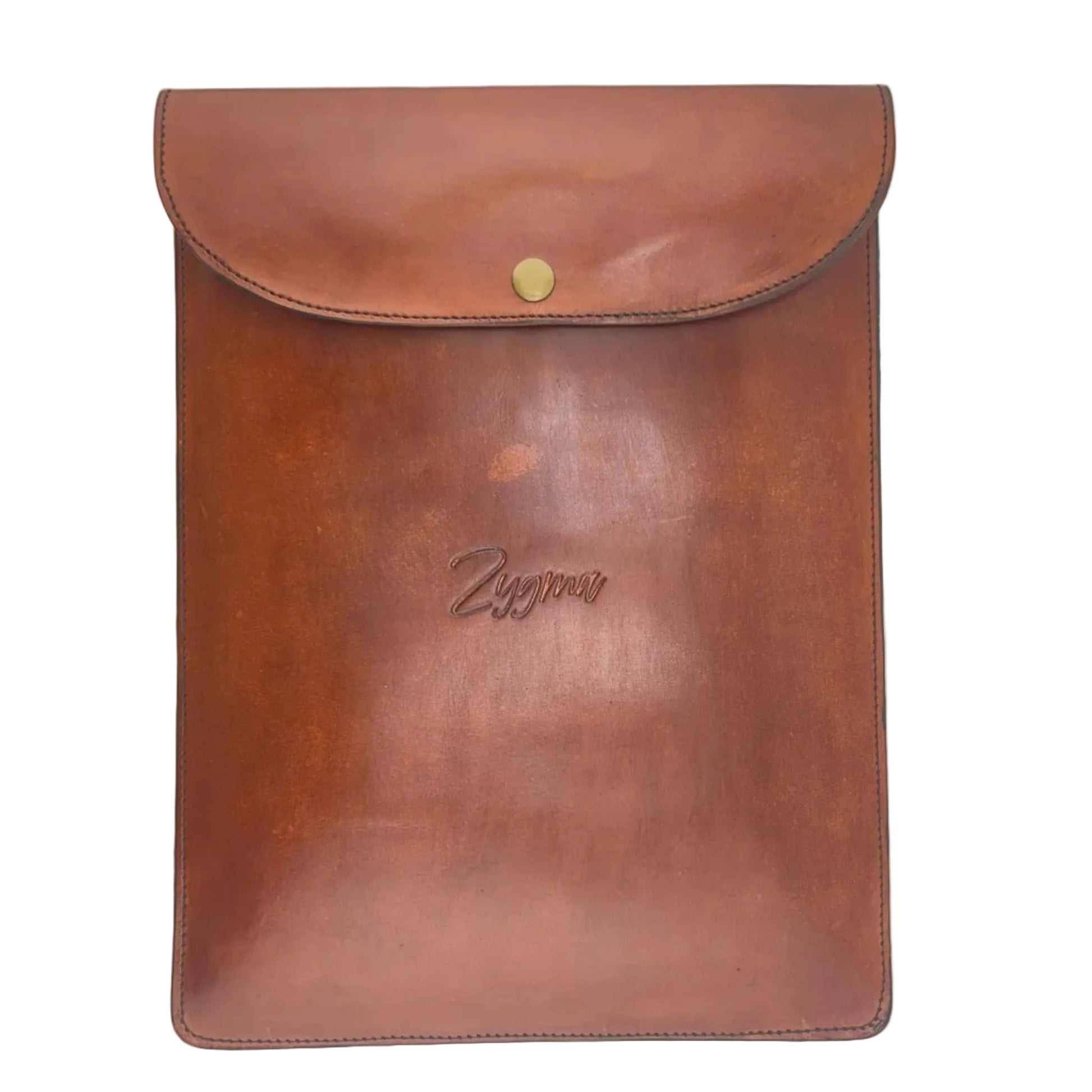 A brown leather sleeve or folio with a curved flap closure and a small gold snap button, photographed from above on a white background. An embossed script logo is visible near the center.