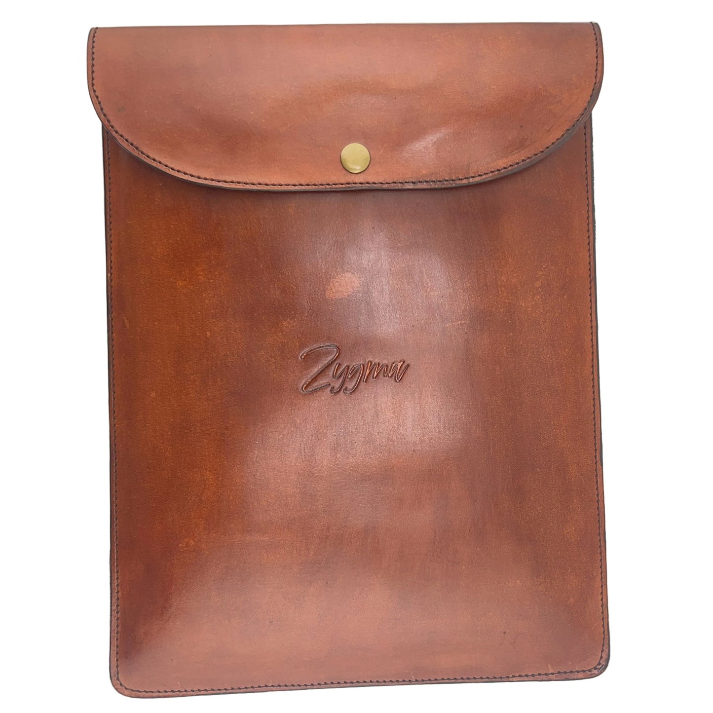 A brown leather sleeve or folio with a curved flap closure and a small gold snap button, photographed against a plain light background. An embossed script logo is visible near the center.