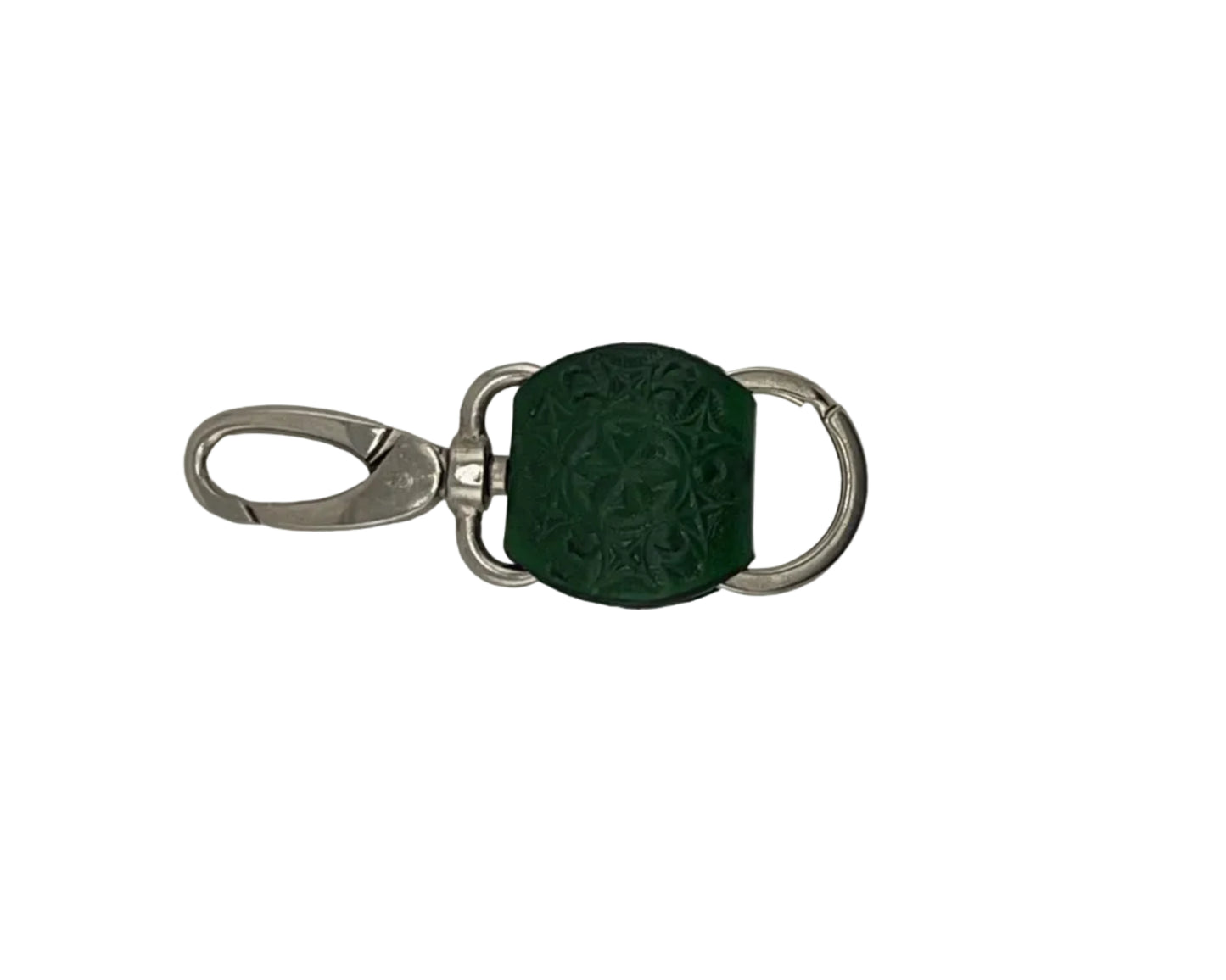 Green textured keychain with silver clasp on a light gray background