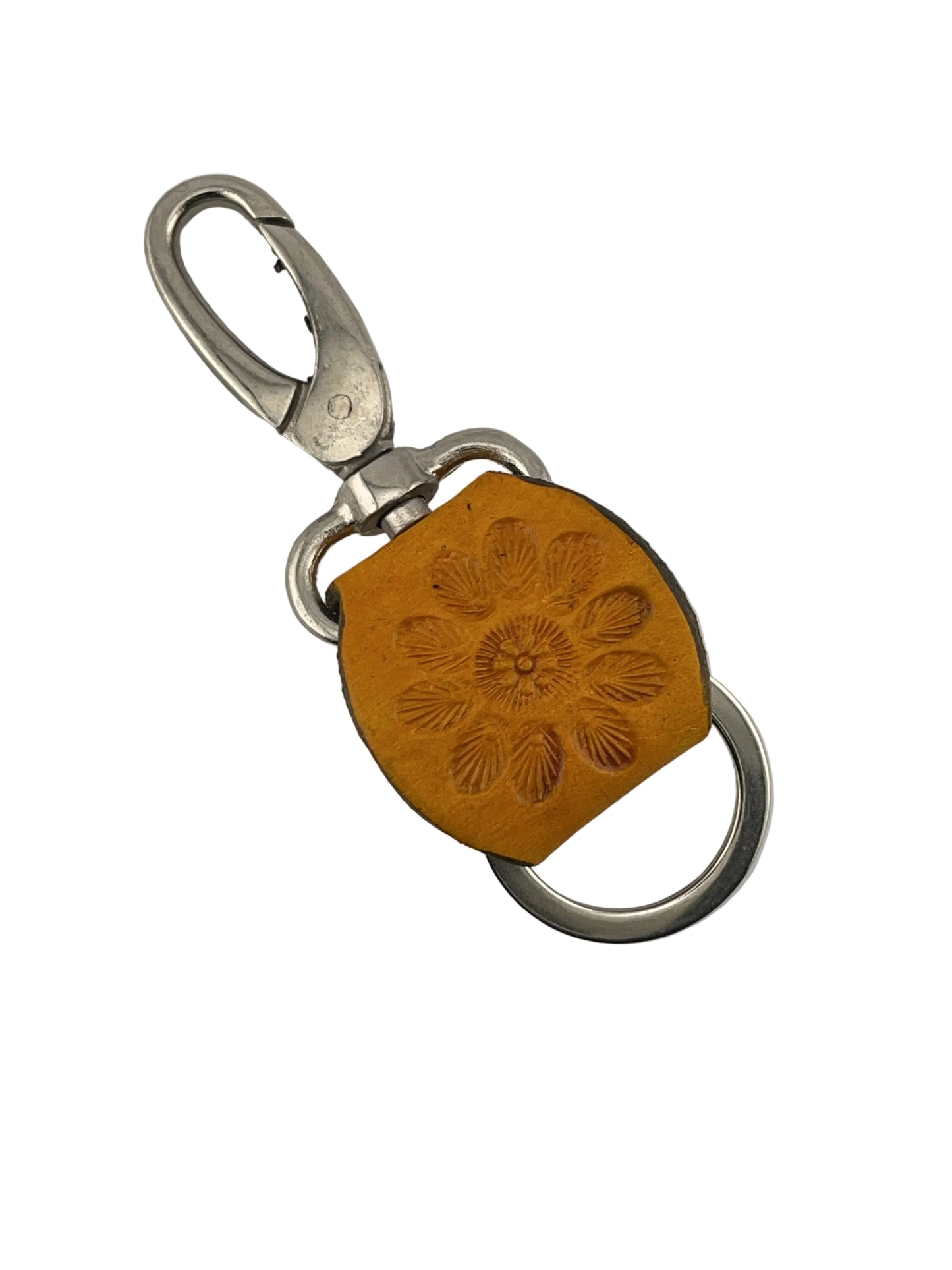 ZYGMA Handcrafted Leather Keychain | Embossed Floral Design with Silver Ring & Clasp Hook