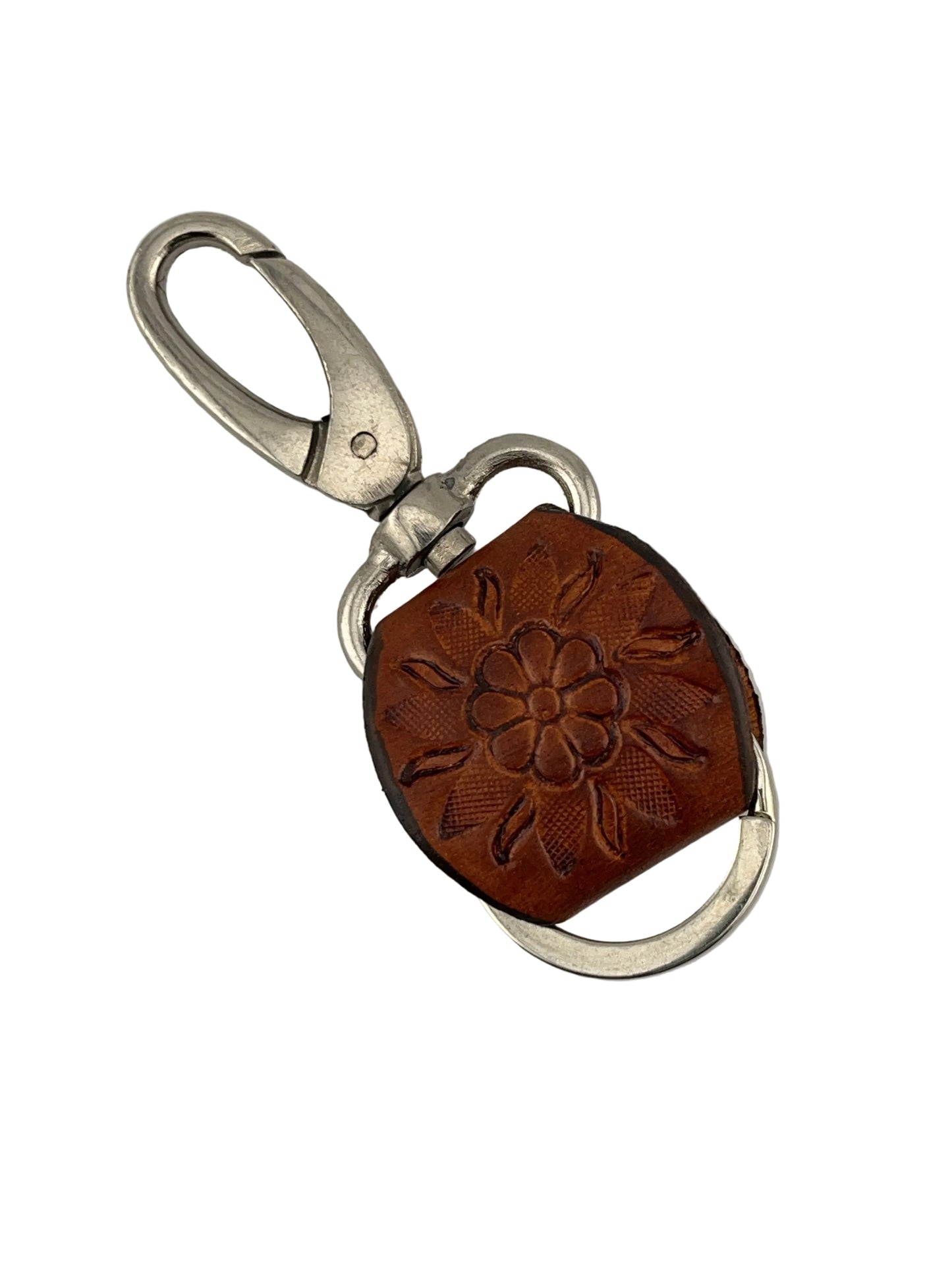 ZYGMA Handcrafted Leather Keychain | Embossed Floral Design with Silver Ring & Clasp Hook