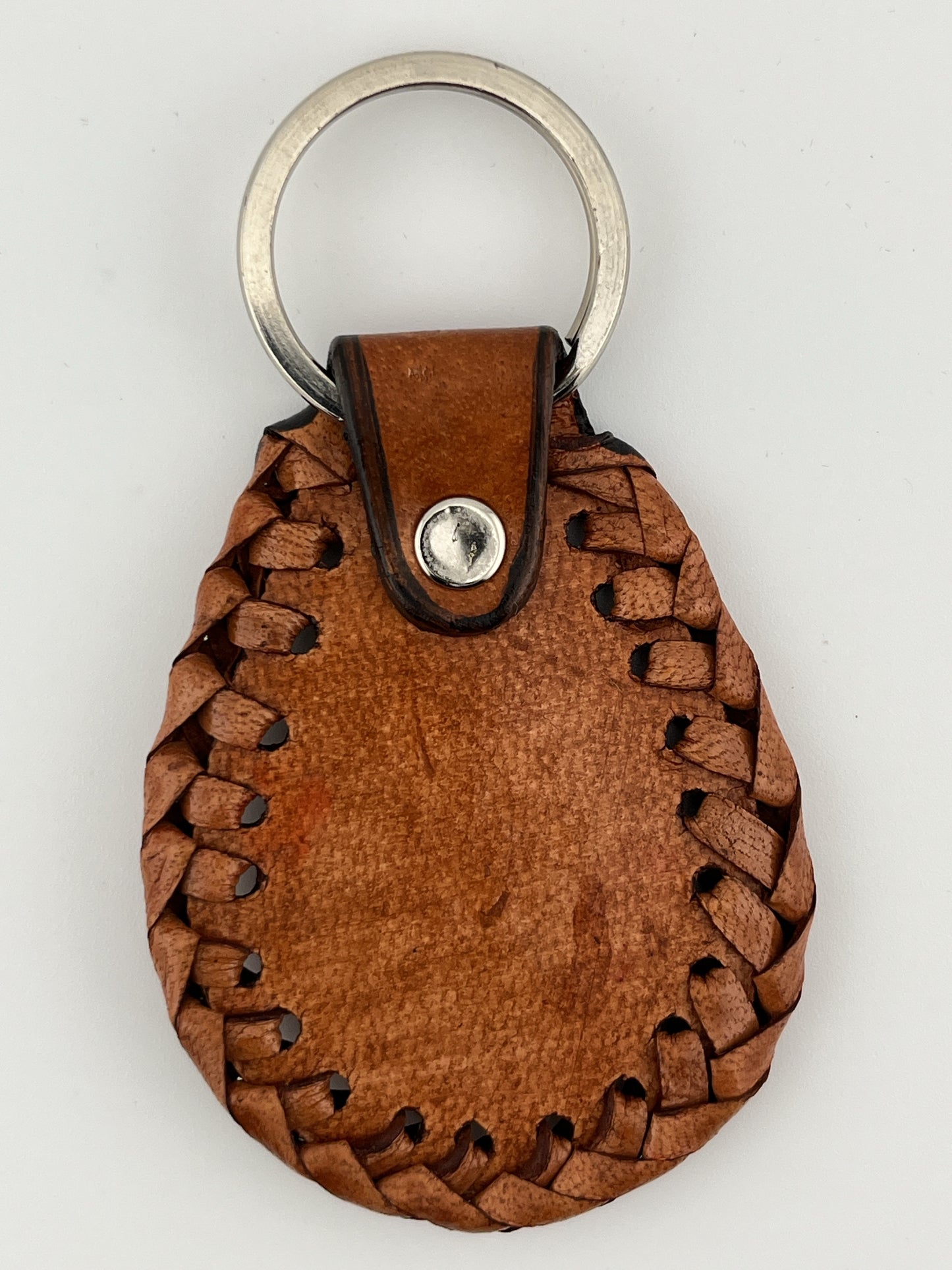 ZYGMA Handcrafted Braided Leather Keychain | Hand-Tooled Floral Embossed Teardrop with Woven Edge