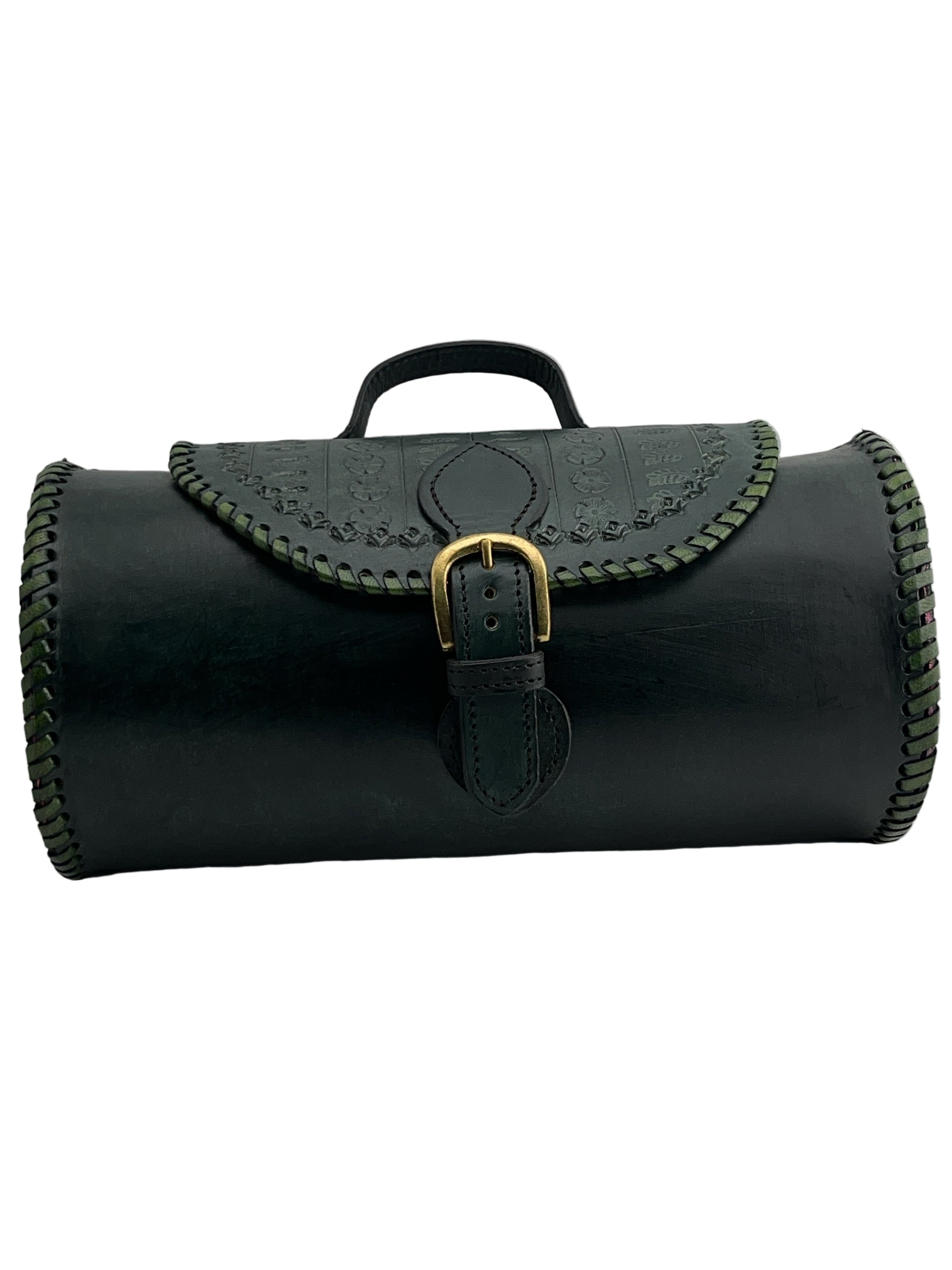 green leather roll with gold buckle on a light gray background