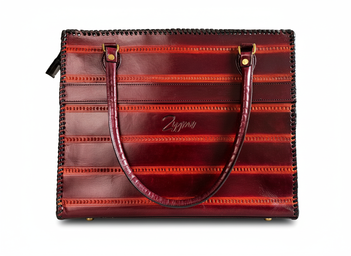 zygma Genuine Leather office Tote bag, brown Striped Pattern, women office bag Double Handle Tote with Black Stitched Border