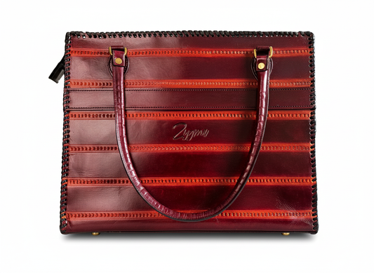 zygma Genuine Leather office Tote bag, brown Striped Pattern, women office bag Double Handle Tote with Black Stitched Border
