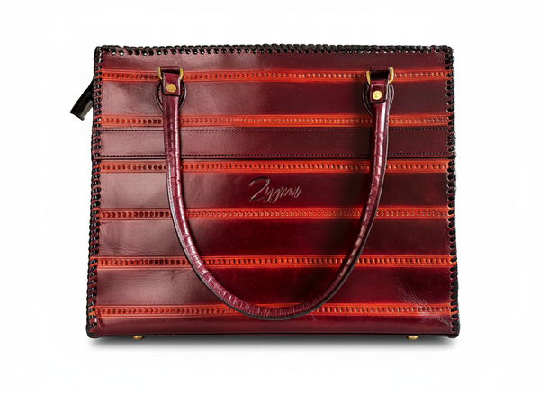 zygma Genuine Leather office Tote bag, brown Striped Pattern, women office bag Double Handle Tote with Black Stitched Border