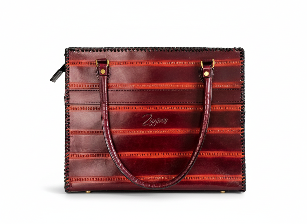 zygma Genuine Leather office Tote bag, brown Striped Pattern, women office bag Double Handle Tote with Black Stitched Border