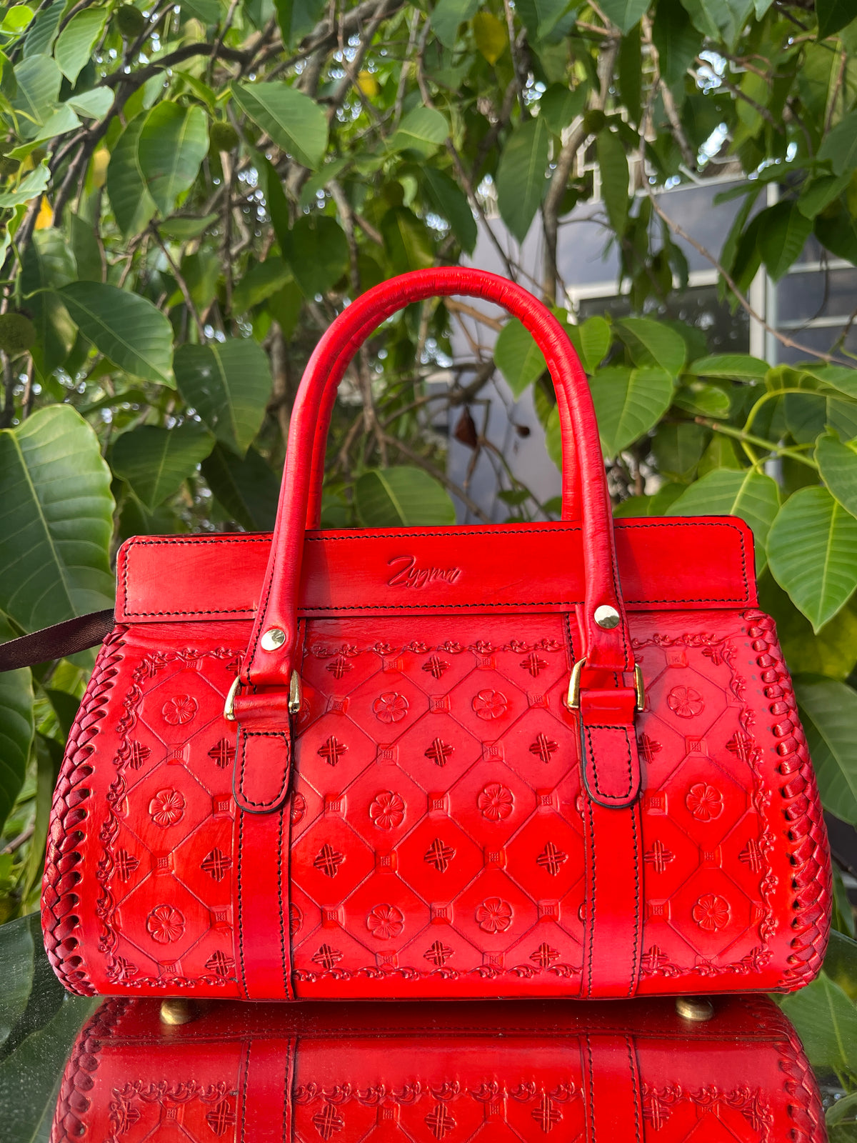 Zygma Hand-Tooled Leather Satchel — Red