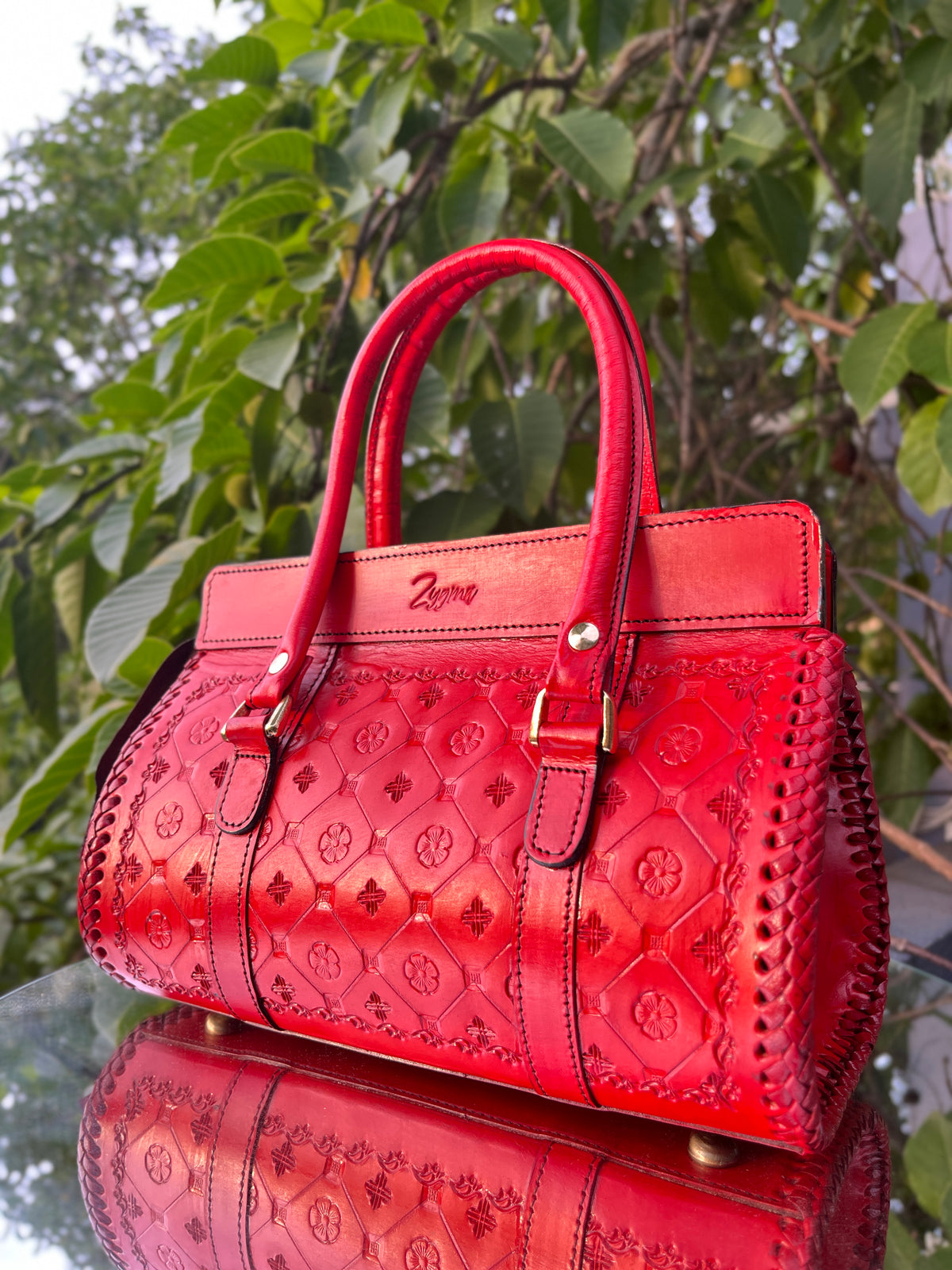 Zygma Hand-Tooled Leather Satchel — Red