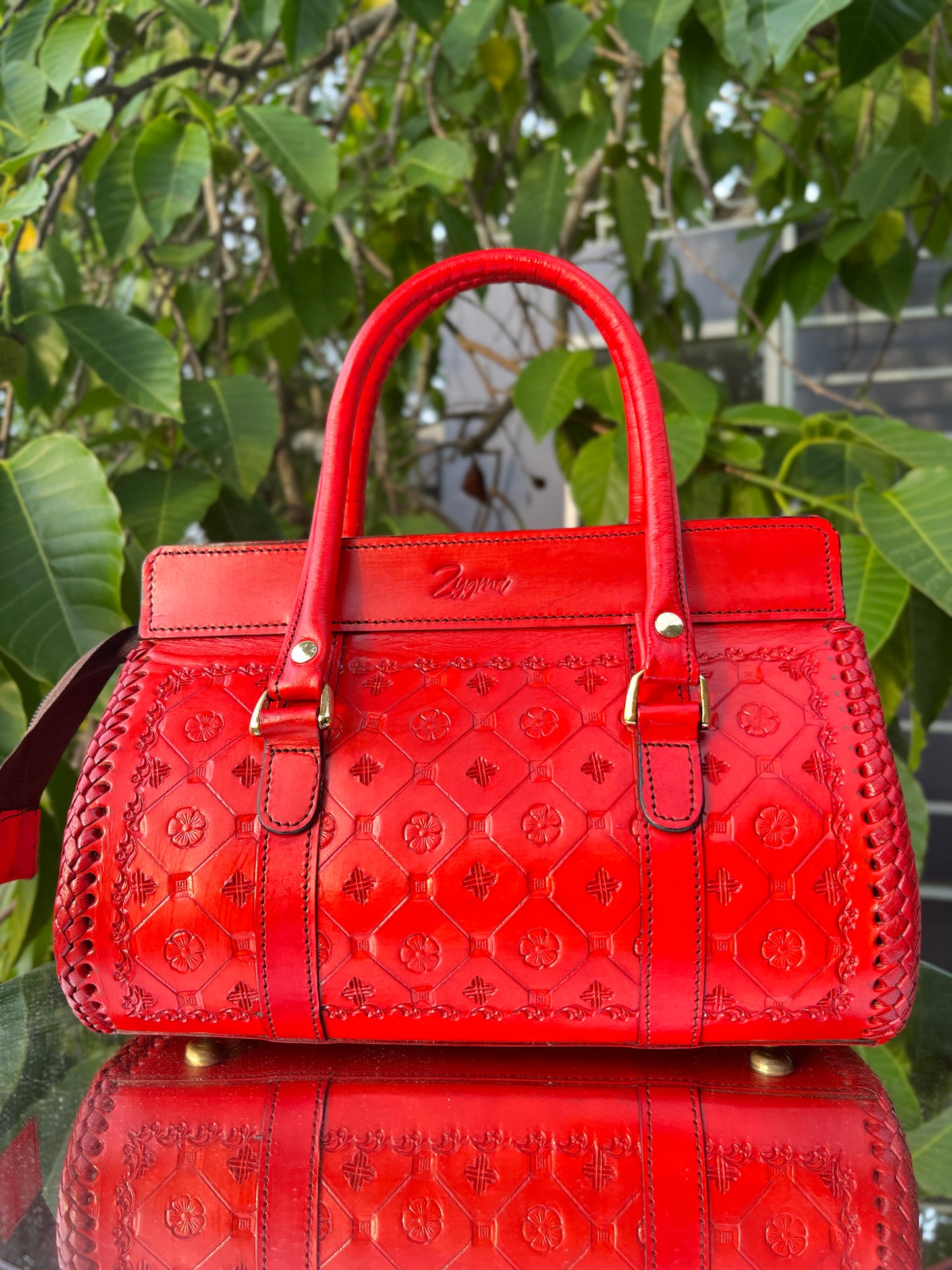 Zygma Hand-Tooled Leather Satchel — Red