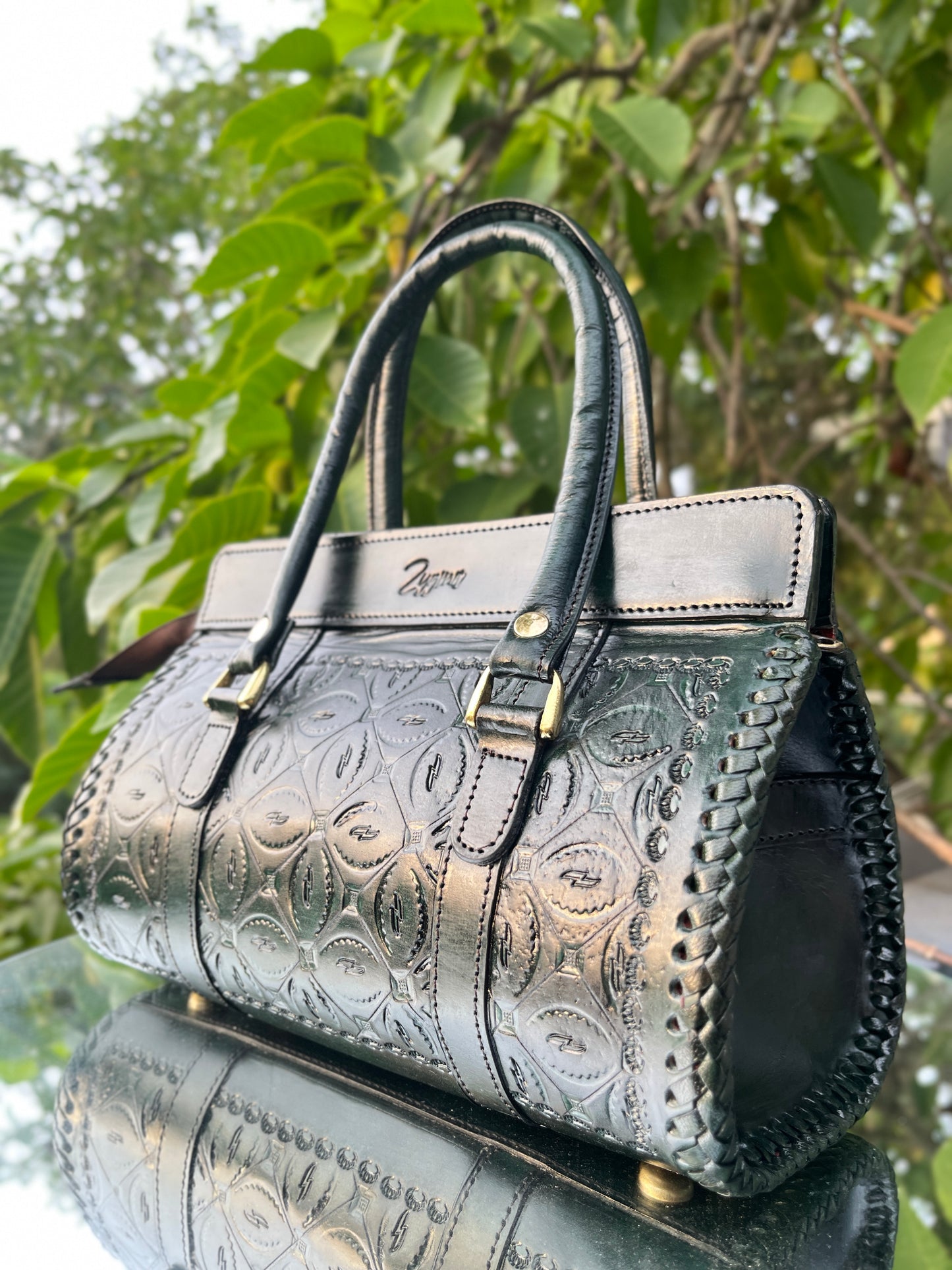 Zygma Hand-Tooled Leather Satchel — Green