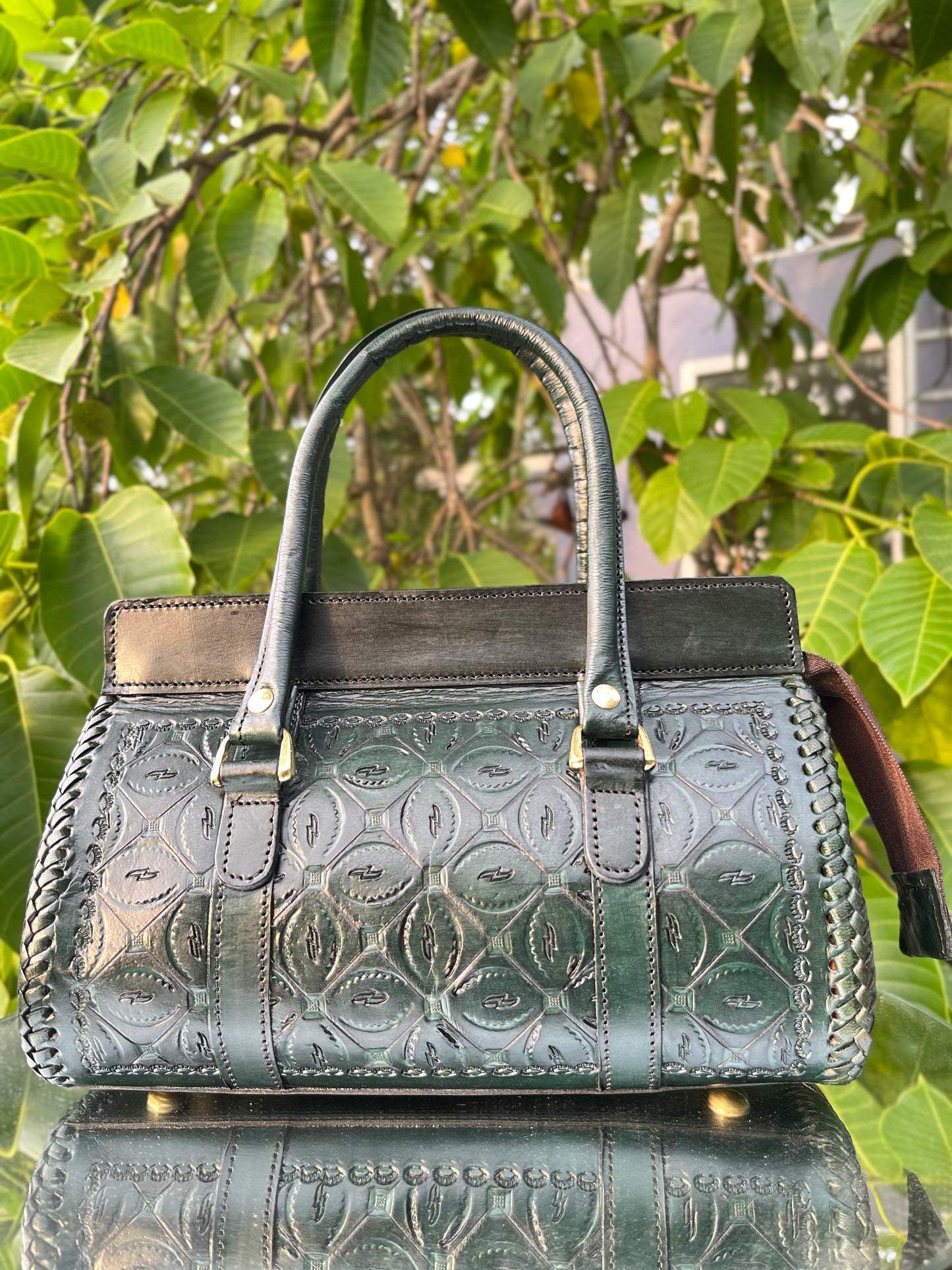 Zygma Hand-Tooled Leather Satchel — Green