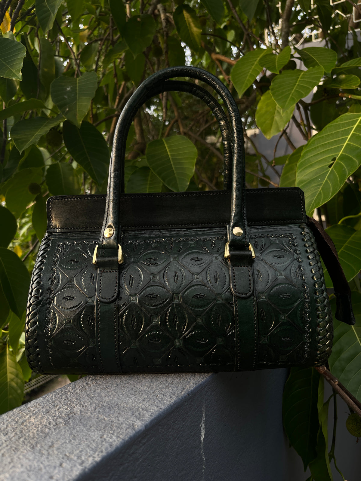 Zygma Hand-Tooled Leather Satchel — Green