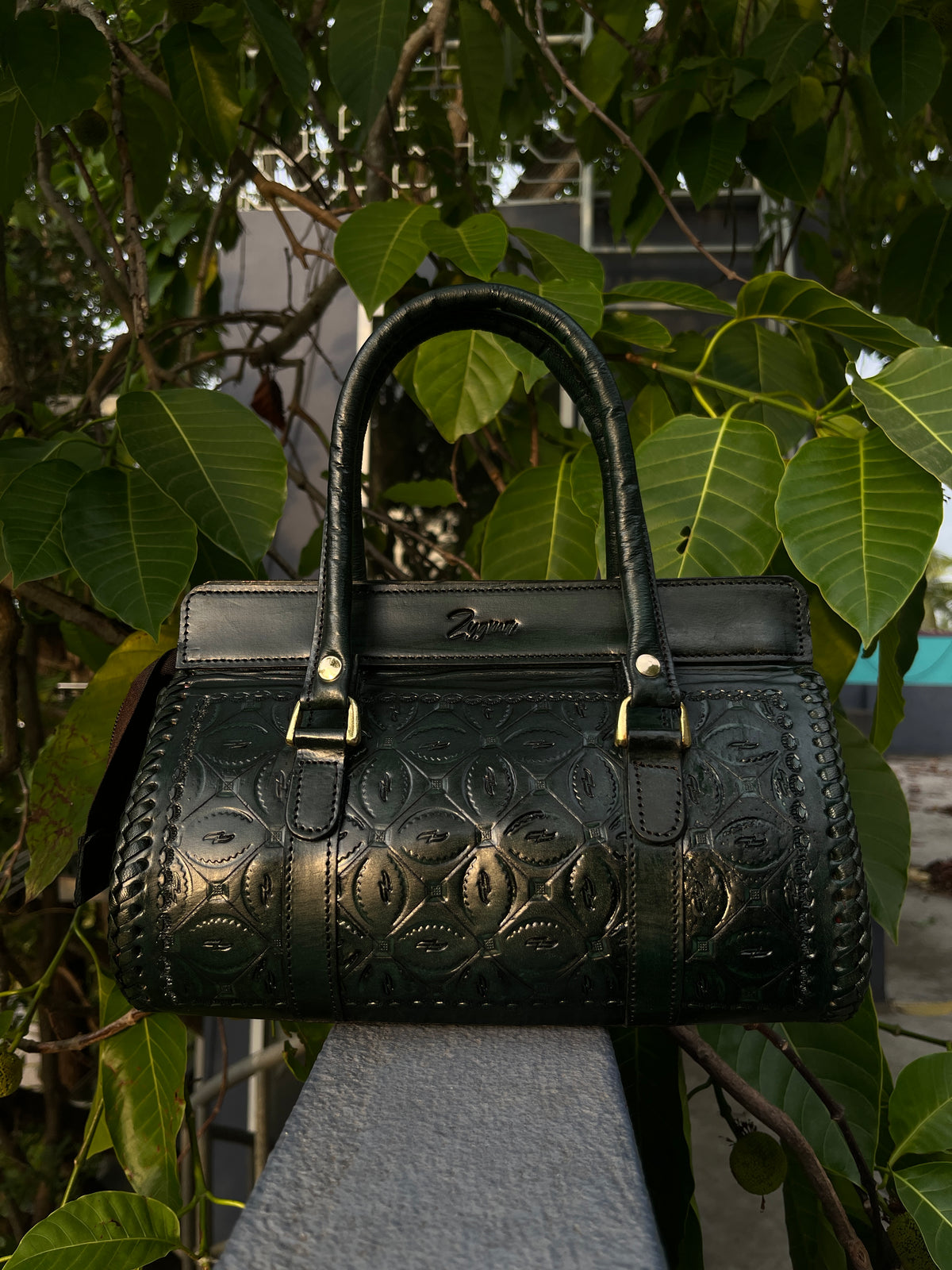 Zygma Hand-Tooled Leather Satchel — Green