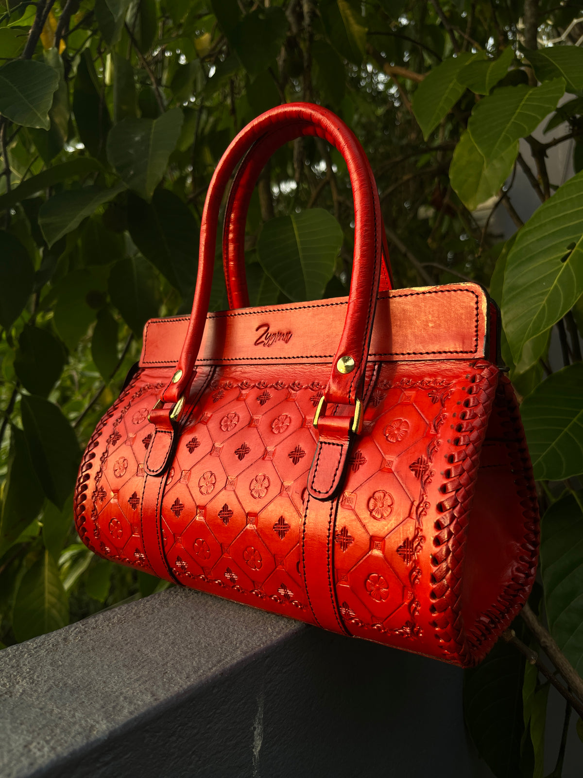 Zygma Hand-Tooled Leather Satchel — Red