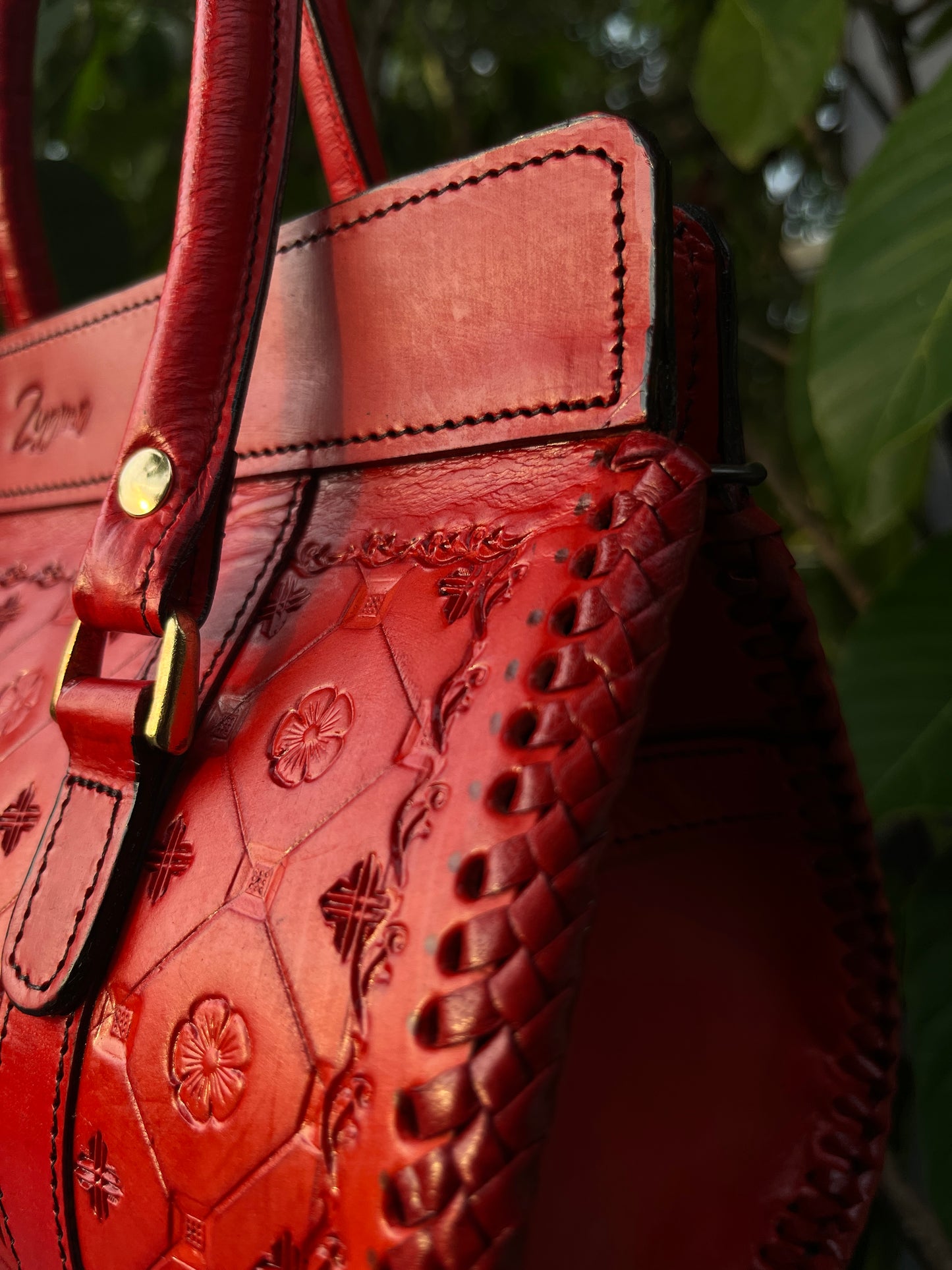 Zygma Hand-Tooled Leather Satchel — Red
