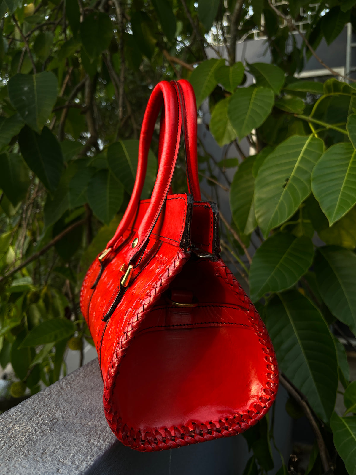 Zygma Hand-Tooled Leather Satchel — Red