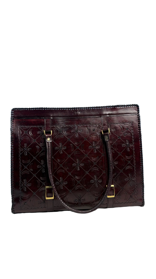 ZYGMA Genuine Leather Oversized Laptop Tote Bag for Women | Dark Brown | Diamond Floral Hand-Tooled | Whipstitch Border