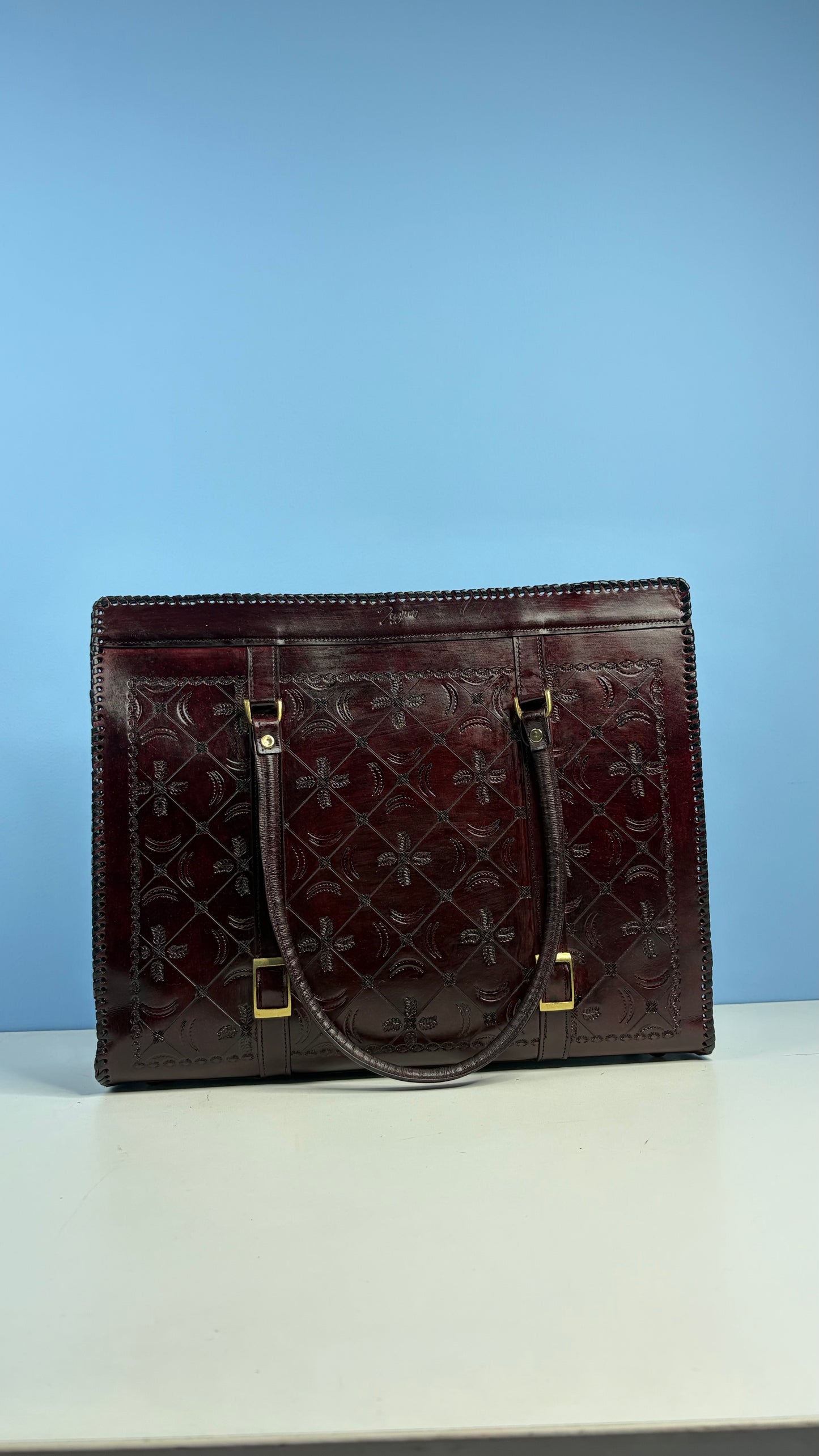ZYGMA Genuine Leather Oversized Laptop Tote Bag for Women | Dark Brown | Diamond Floral Hand-Tooled | Whipstitch Border