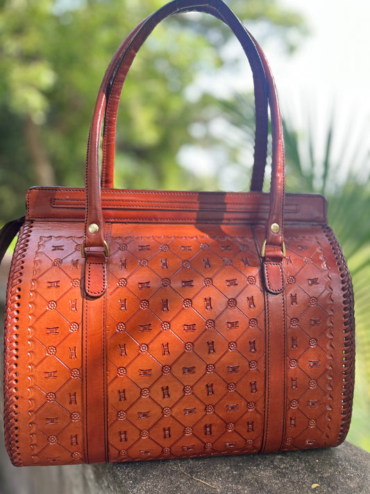 ZYGMA Handcrafted Embossed Leather Tote Bag for Women | Structured Shoulder Bag with Whipstitch Detail