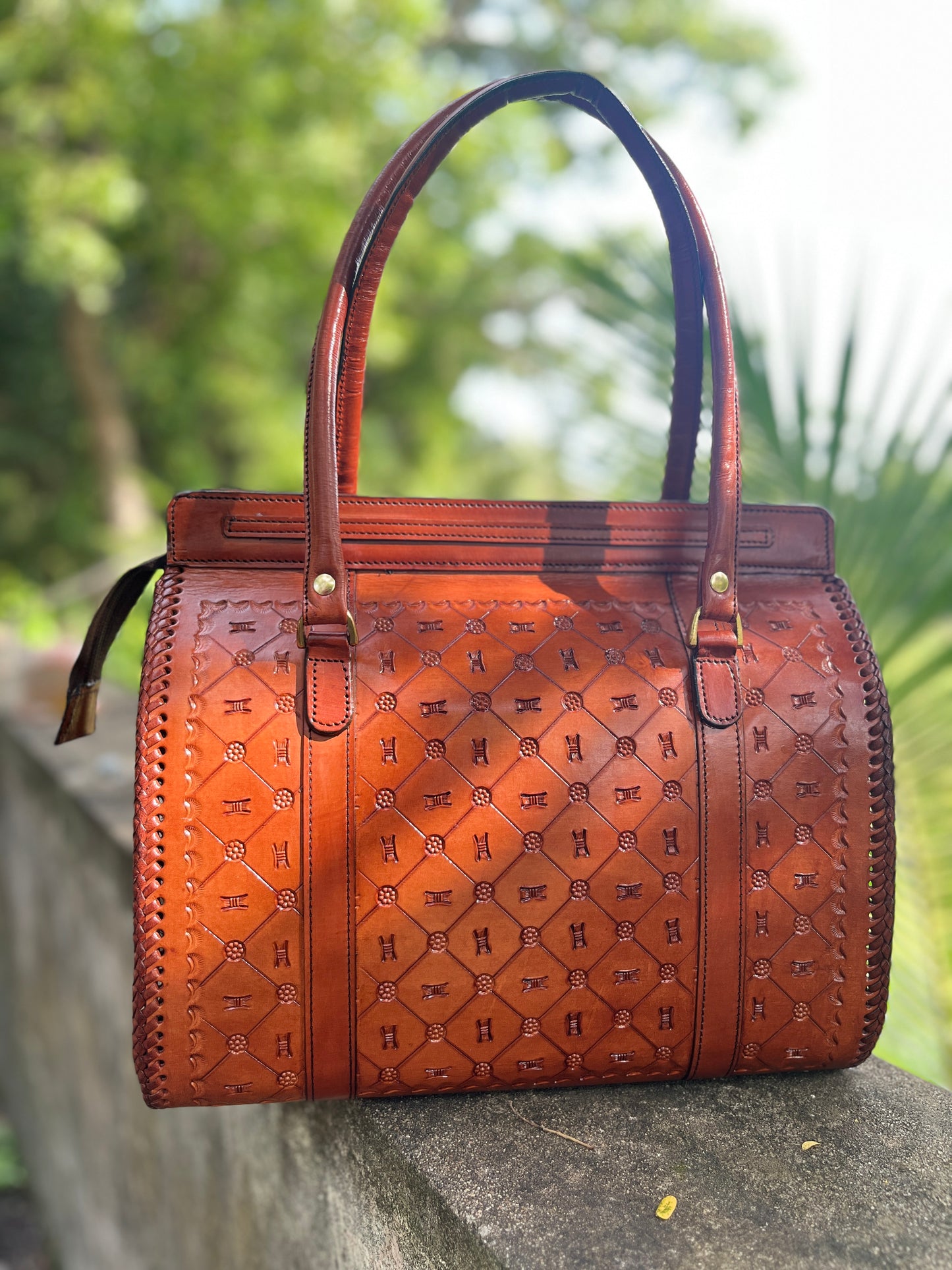 ZYGMA Handcrafted Embossed Leather Tote Bag for Women | Structured Shoulder Bag with Whipstitch Detail