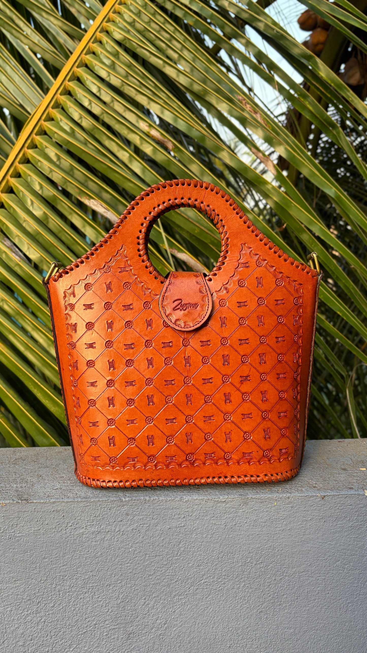 Zygma Embossed Tan Basket Tote — Genuine Leather