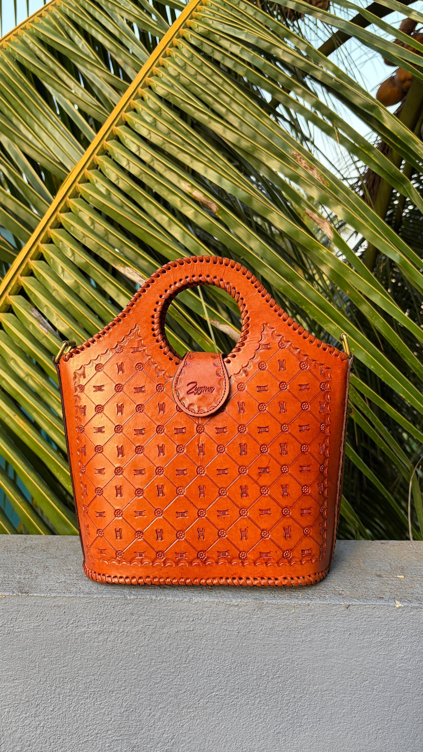 Zygma Embossed Tan Basket Tote — Genuine Leather