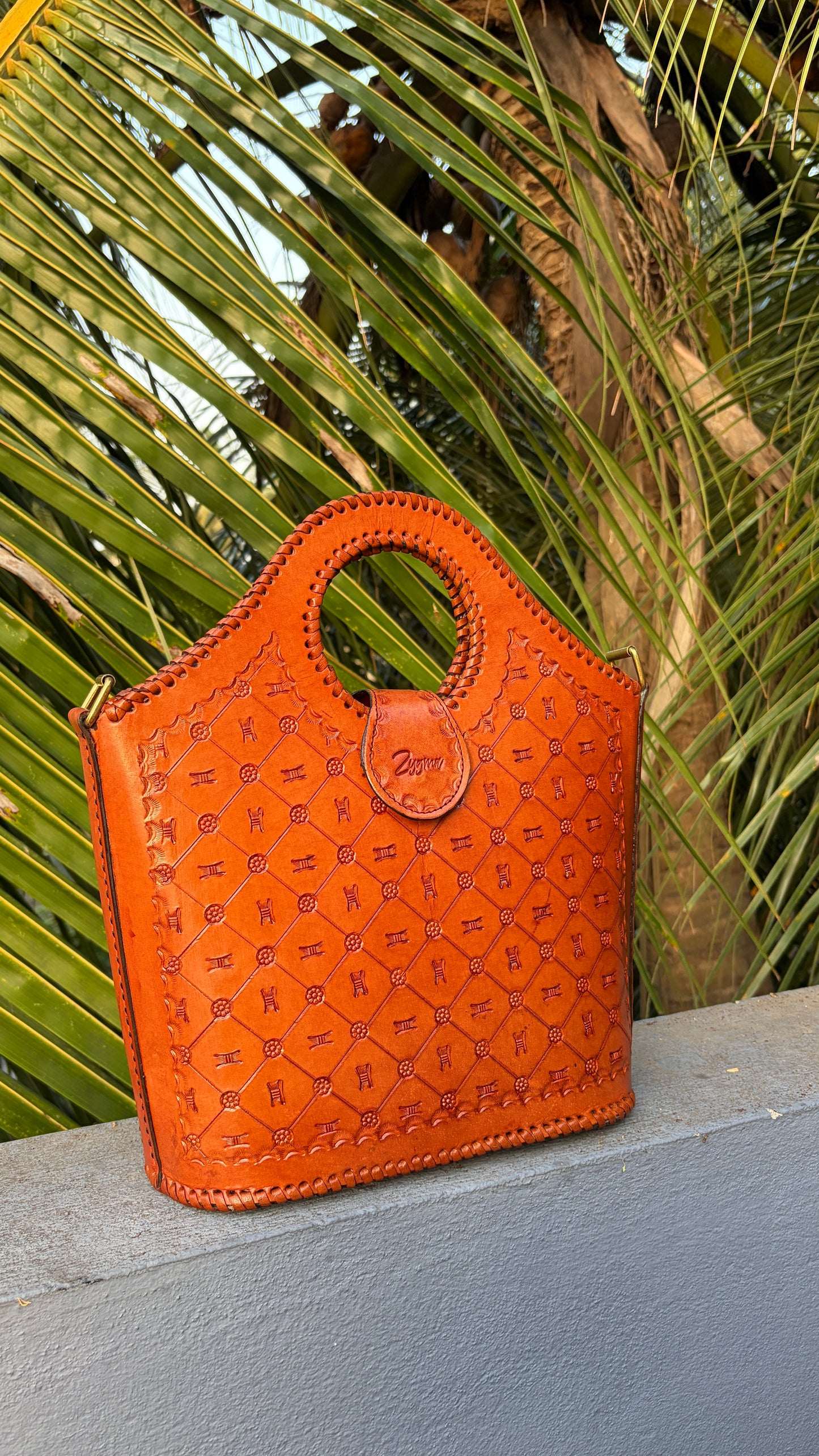 Zygma Embossed Tan Basket Tote — Genuine Leather