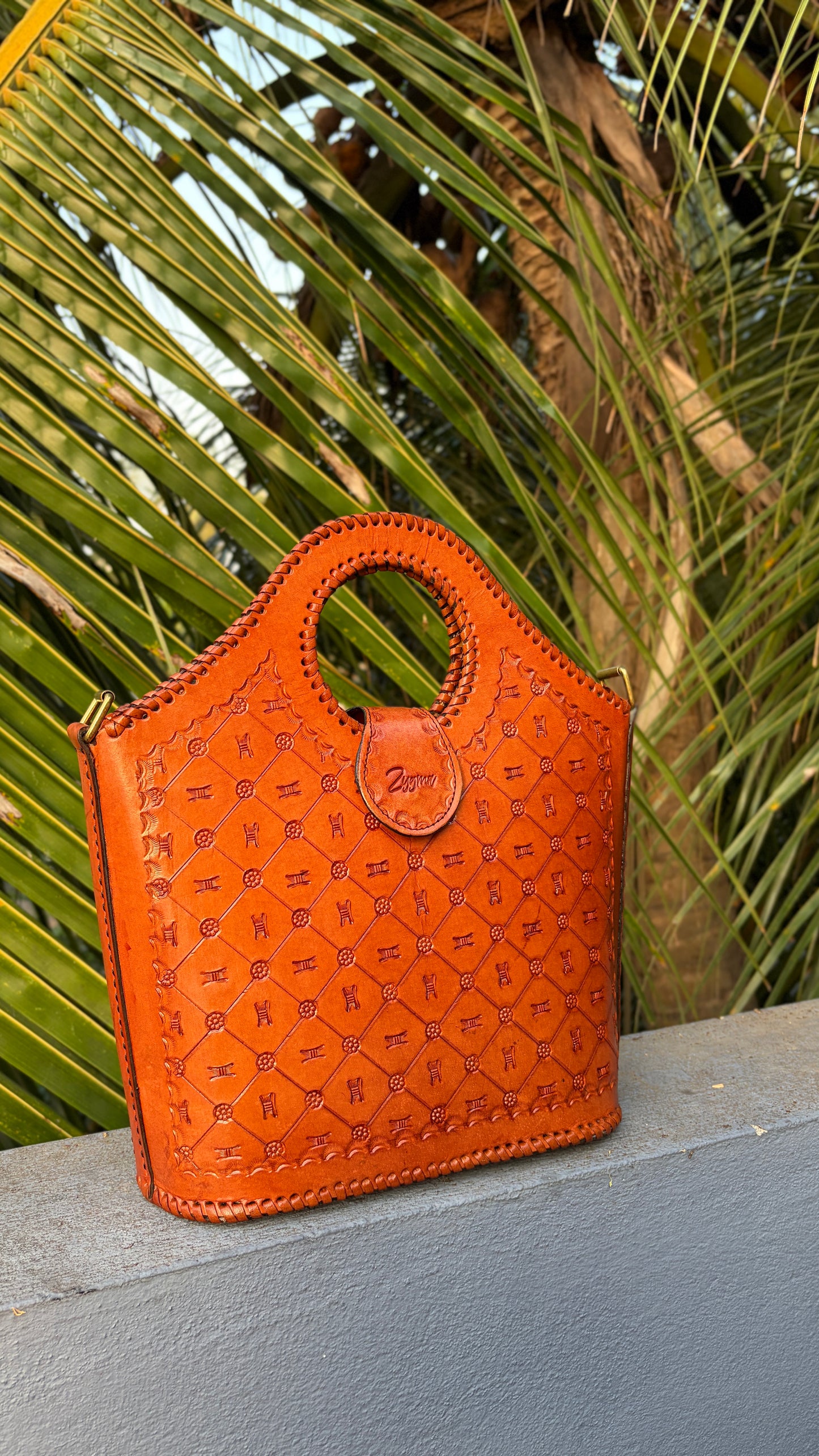 Zygma Embossed Tan Basket Tote — Genuine Leather