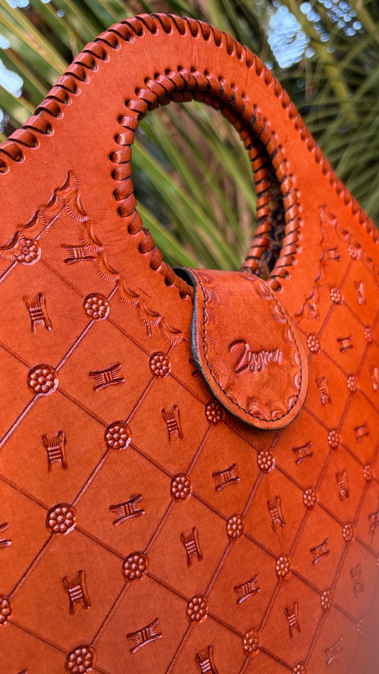 Zygma Embossed Tan Basket Tote — Genuine Leather