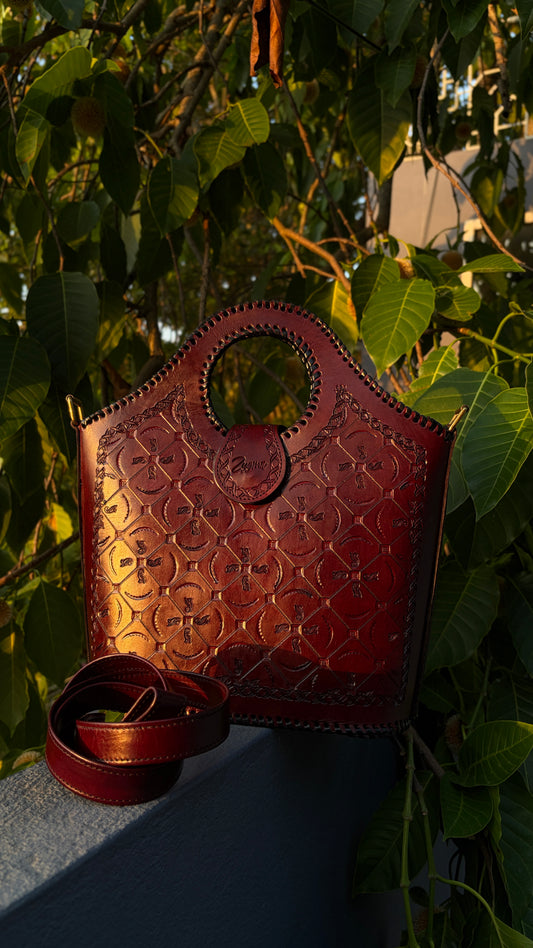 ZYGMA Handmade Genuine Leather Tote Bag for Women | Deep Burgundy Red | Hand-Tooled Embossed Pattern | Round Handle with Whipstitch Edge | Crossbody Strap Included