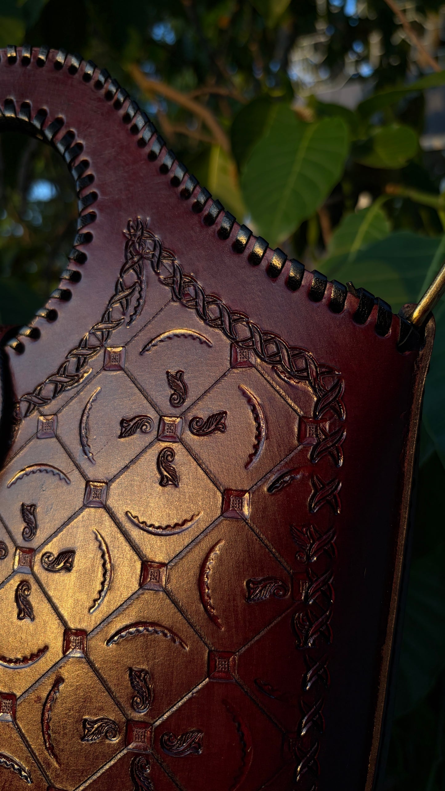 ZYGMA Handmade Genuine Leather Tote Bag for Women | Deep Burgundy Red | Hand-Tooled Embossed Pattern | Round Handle with Whipstitch Edge | Crossbody Strap Included