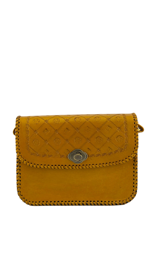 ZYGMA Handmade Genuine Leather Sling Crossbody Bag for Women | Mustard Yellow | Embossed Floral Pattern with Whipstitch Edge & Twist Lock