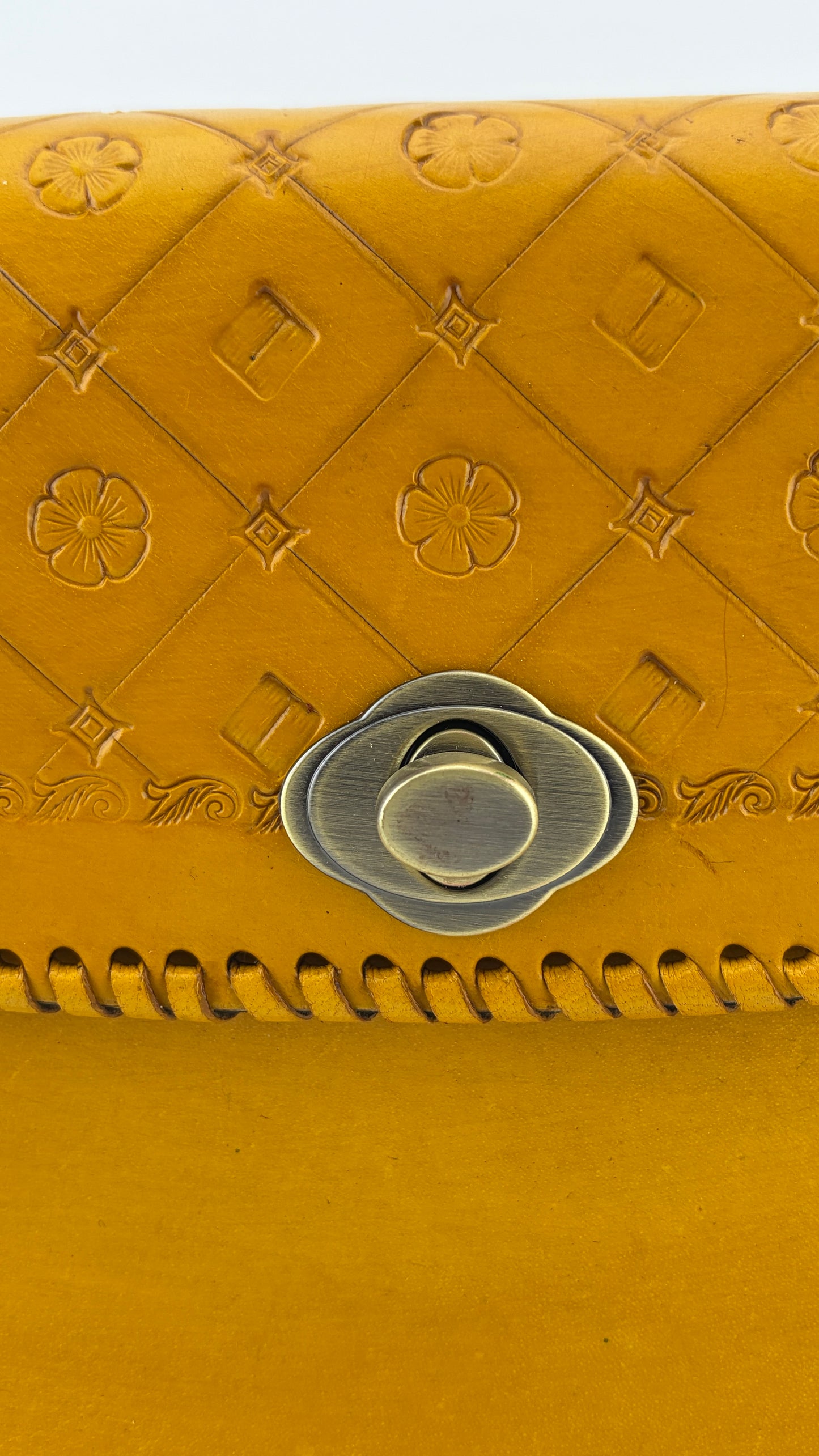 ZYGMA Handmade Genuine Leather Sling Crossbody Bag for Women | Mustard Yellow | Embossed Floral Pattern with Whipstitch Edge & Twist Lock