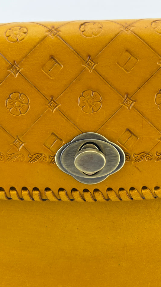ZYGMA Handmade Genuine Leather Sling Crossbody Bag for Women | Mustard Yellow | Embossed Floral Pattern with Whipstitch Edge & Twist Lock