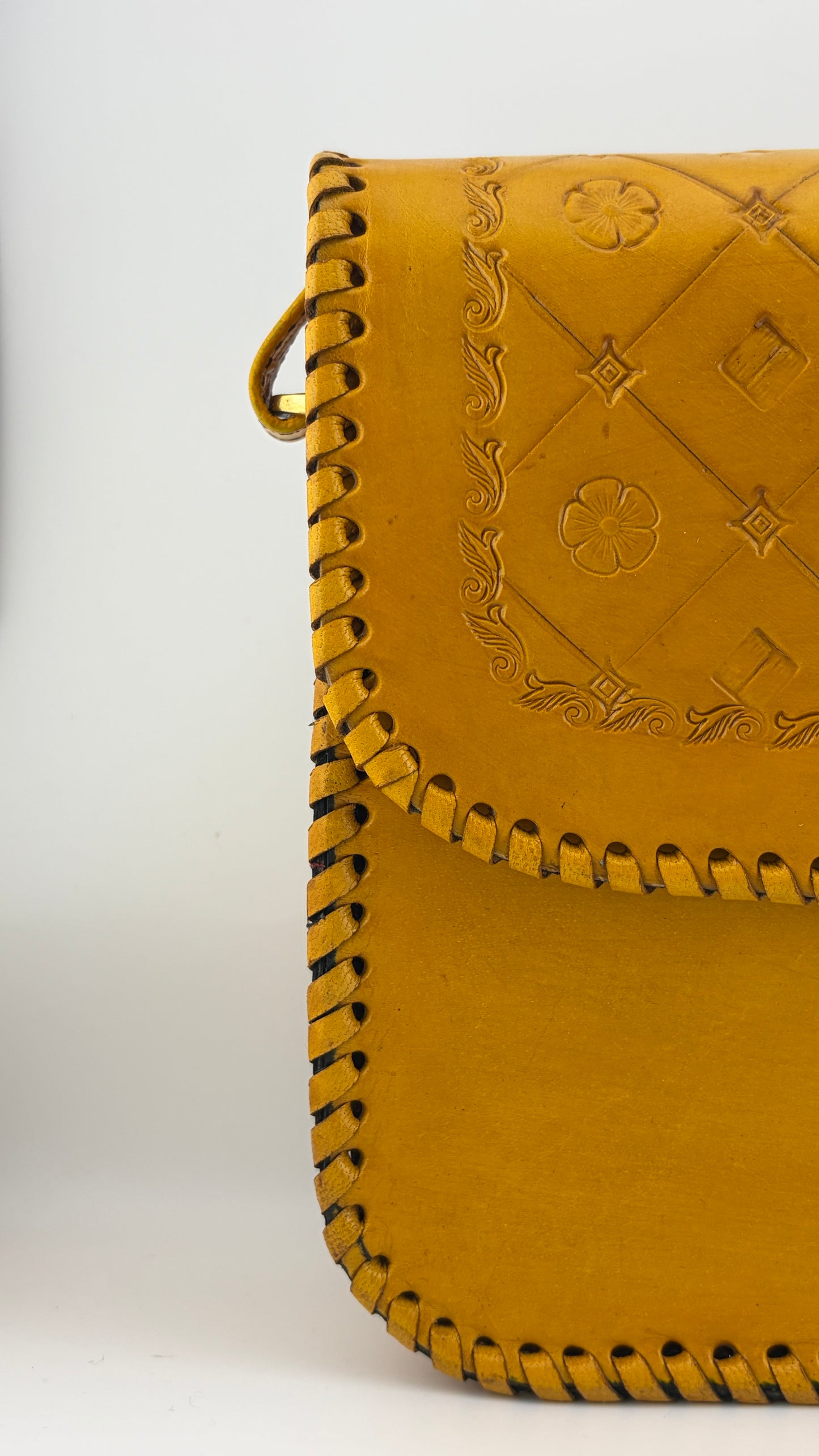 ZYGMA Handmade Genuine Leather Sling Crossbody Bag for Women | Mustard Yellow | Embossed Floral Pattern with Whipstitch Edge & Twist Lock