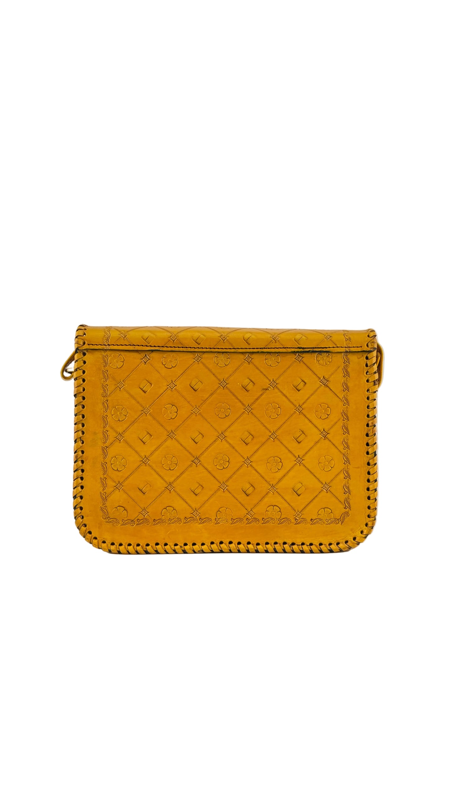 ZYGMA Handmade Genuine Leather Sling Crossbody Bag for Women | Mustard Yellow | Embossed Floral Pattern with Whipstitch Edge & Twist Lock
