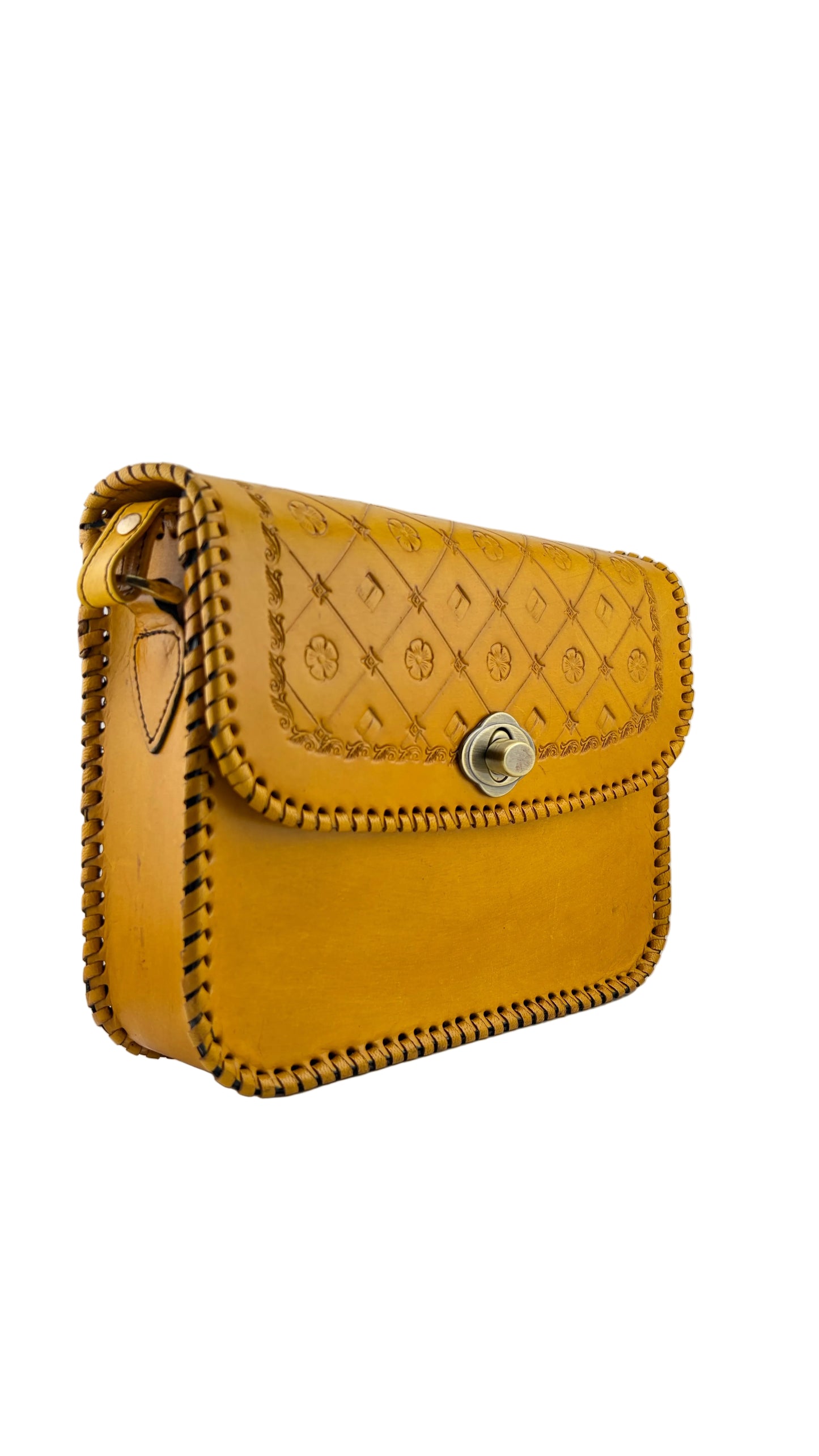 ZYGMA Handmade Genuine Leather Sling Crossbody Bag for Women | Mustard Yellow | Embossed Floral Pattern with Whipstitch Edge & Twist Lock