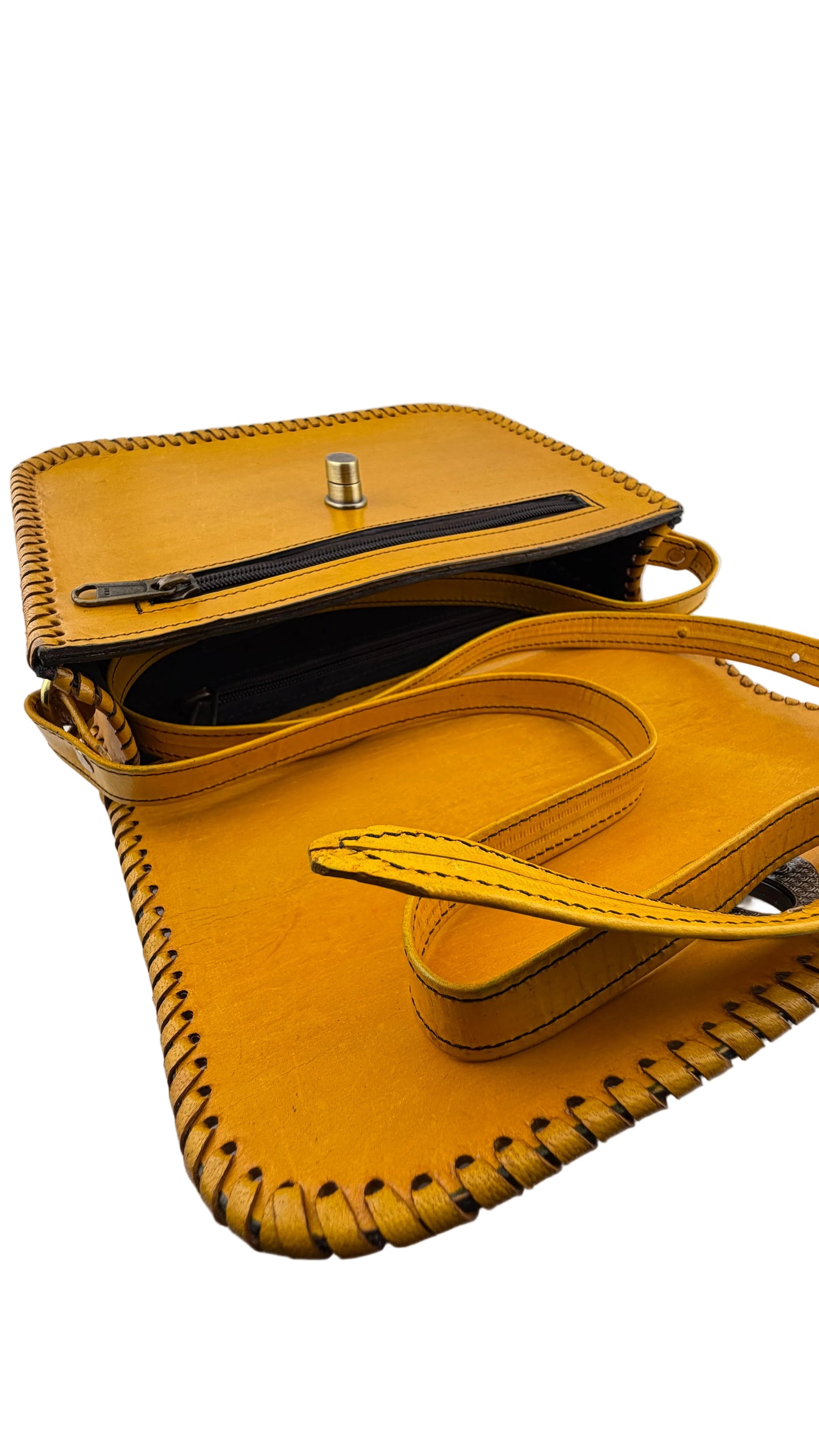 ZYGMA Handmade Genuine Leather Sling Crossbody Bag for Women | Mustard Yellow | Embossed Floral Pattern with Whipstitch Edge & Twist Lock