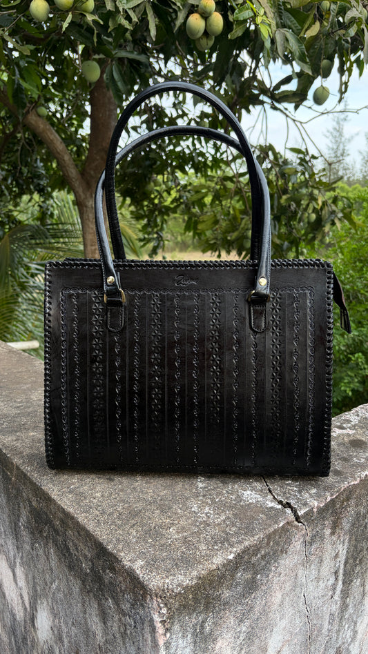 ZYGMA 14-Inch Handmade Genuine Leather Laptop Bag for Women | Black | Office Tote with Whipstitch Edge