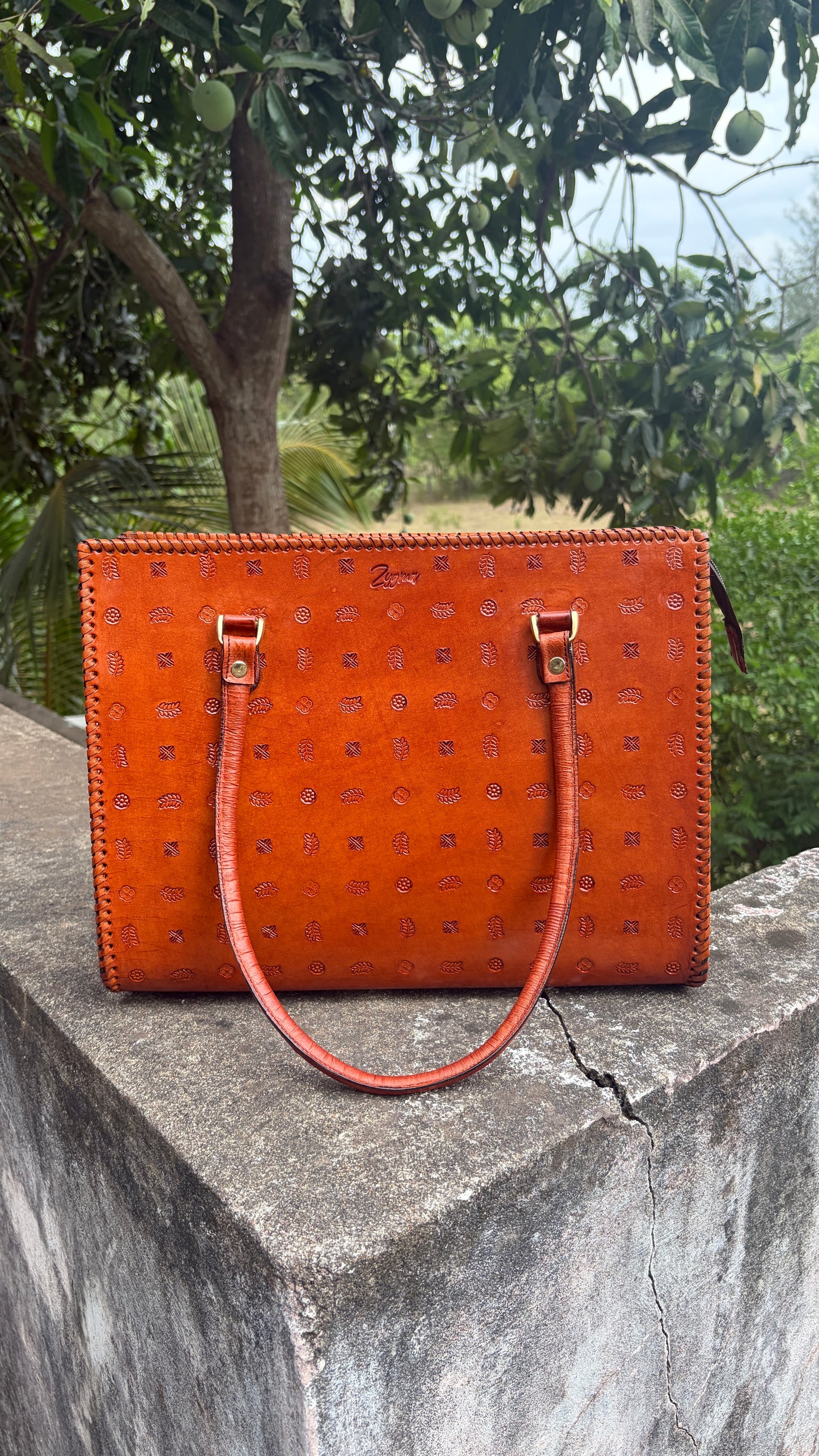 ZYGMA 14-Inch Handmade Genuine Leather Laptop Bag for Women | Tan Brown | Botanical Motif Hand-Stamped Design | Office Tote with Whipstitch Edge