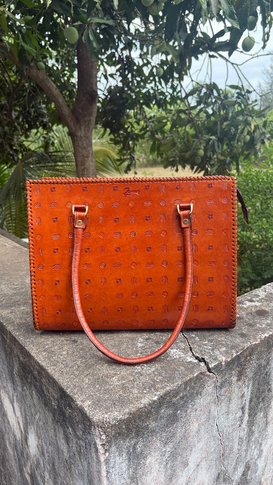 ZYGMA 14-Inch Handmade Genuine Leather Laptop Bag for Women | Tan Brown | Botanical Motif Hand-Stamped Design | Office Tote with Whipstitch Edge